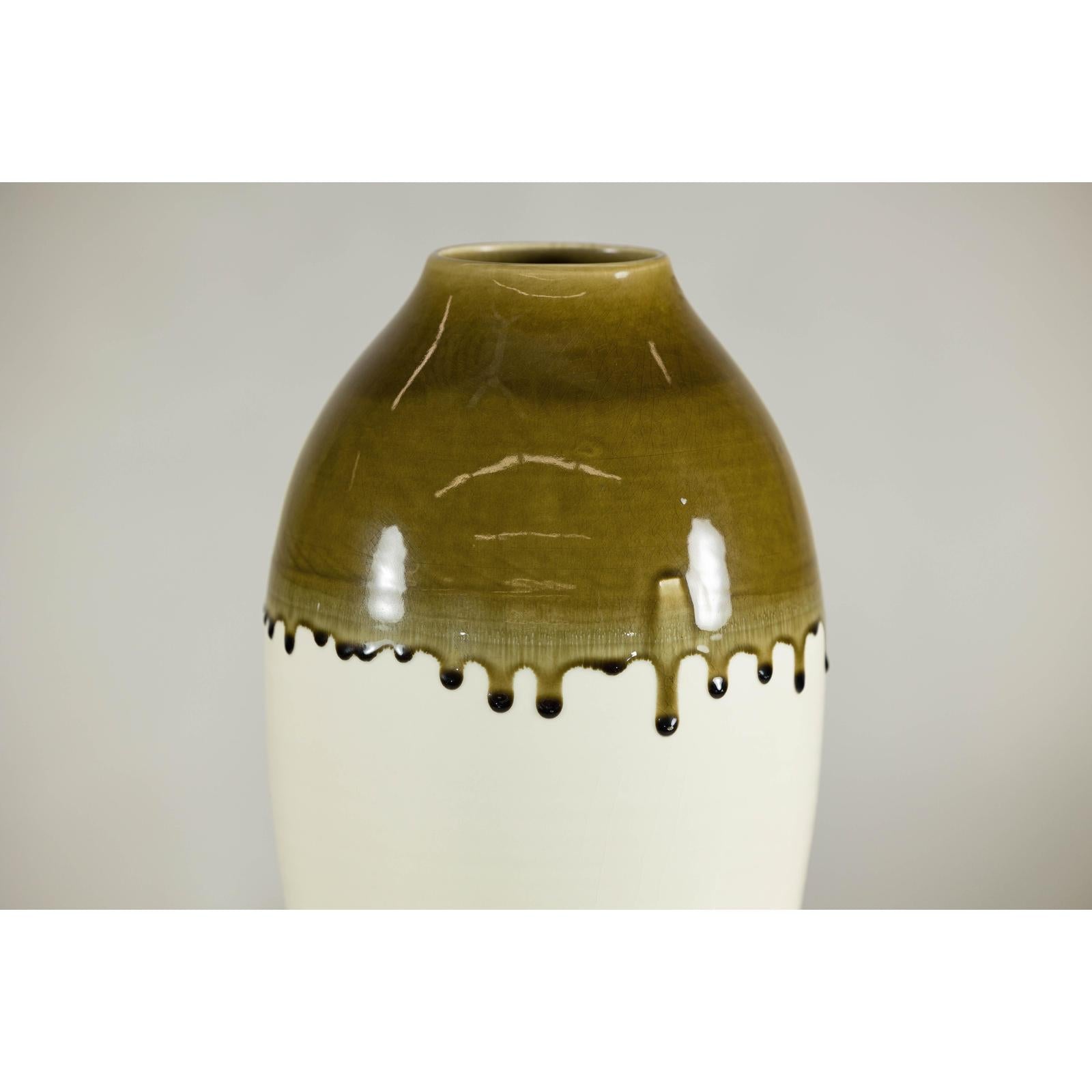 Tall Cream and Olive Glazed Artisan Vase with Expressive Drip Rim-5. Asian &amp; Chinese Furniture, Art, Antiques, Vintage Home Décor for sale at FEA Home