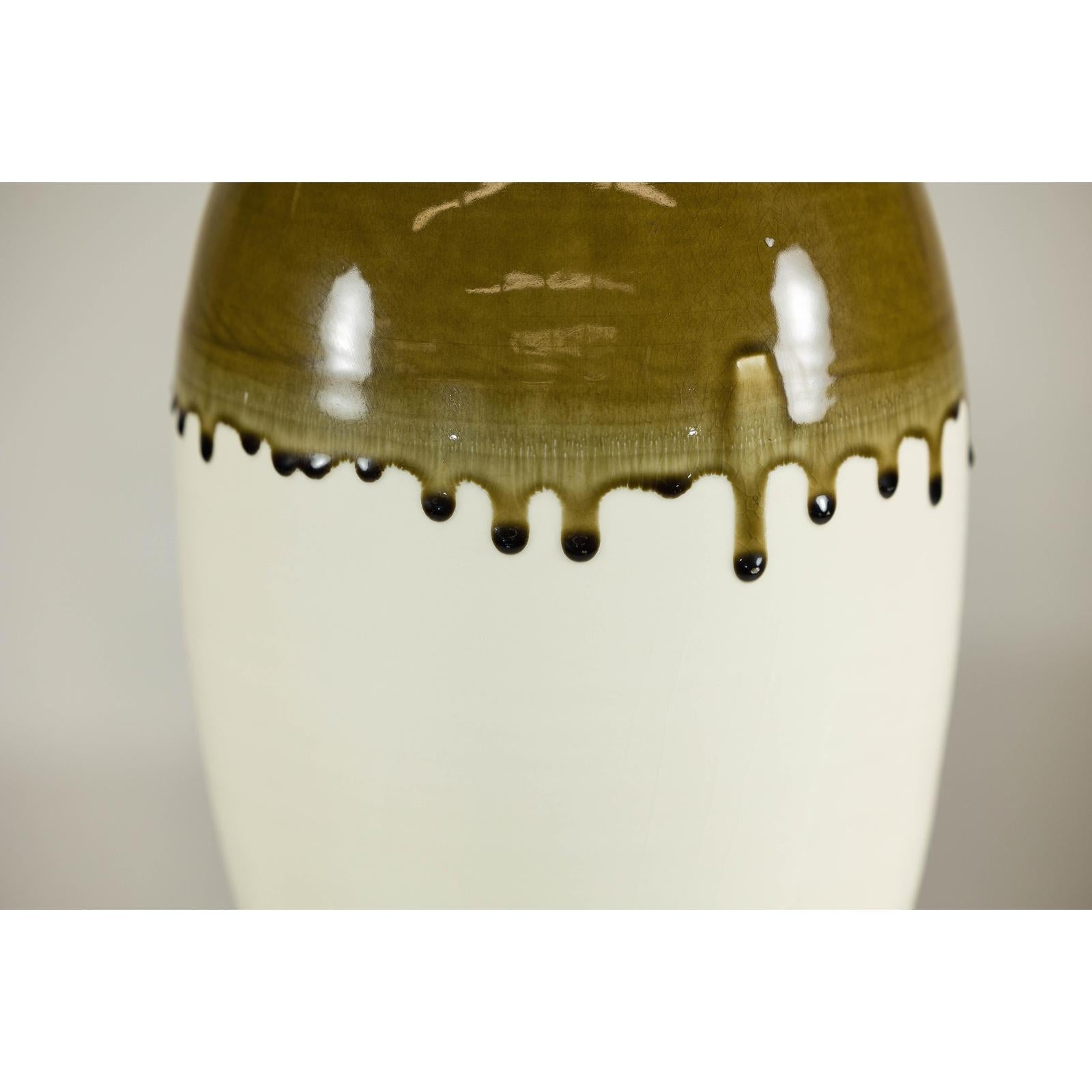 Tall Cream and Olive Glazed Artisan Vase with Expressive Drip Rim-6. Asian &amp; Chinese Furniture, Art, Antiques, Vintage Home Décor for sale at FEA Home