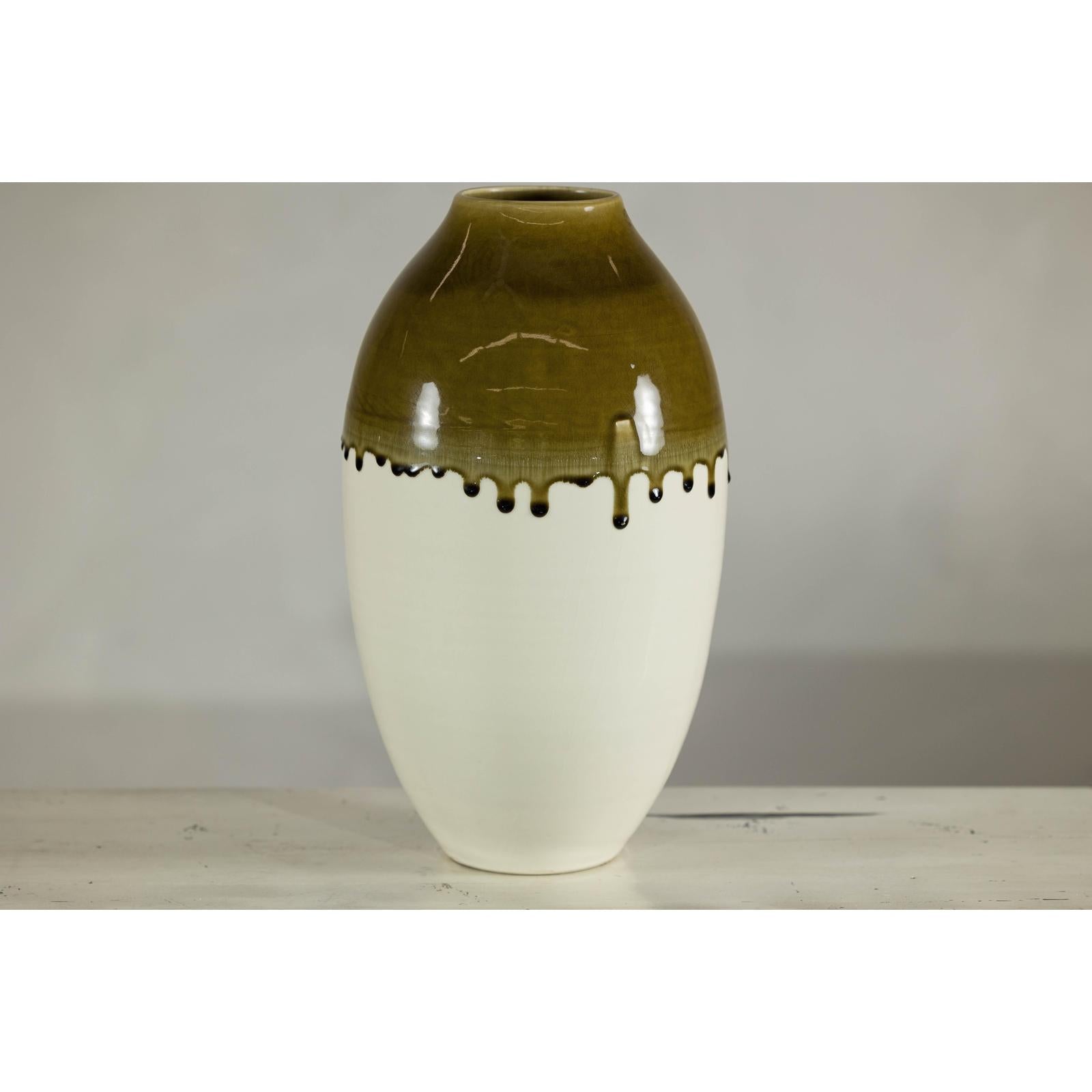 Tall Cream and Olive Glazed Artisan Vase with Expressive Drip Rim-8. Asian &amp; Chinese Furniture, Art, Antiques, Vintage Home Décor for sale at FEA Home