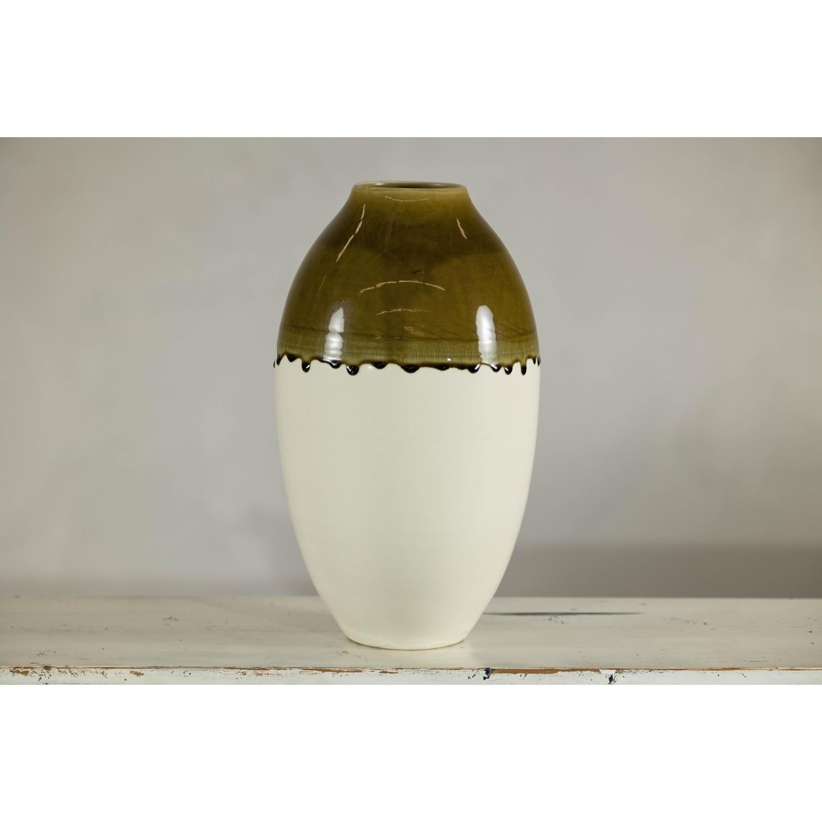 Tall Cream and Olive Glazed Artisan Vase with Expressive Drip Rim-9. Asian &amp; Chinese Furniture, Art, Antiques, Vintage Home Décor for sale at FEA Home