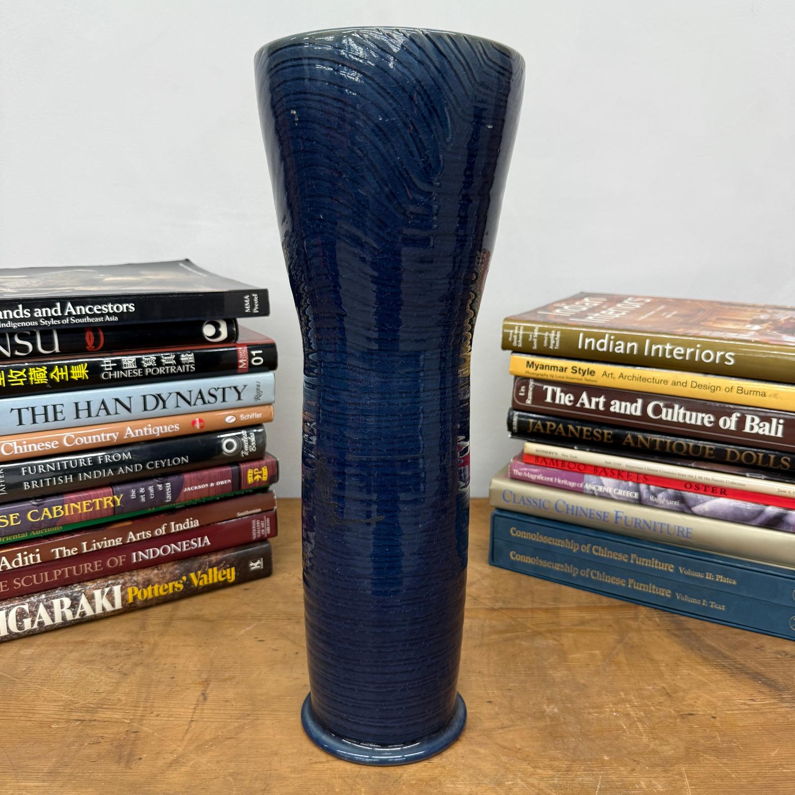 Tall Deep Blue Glazed Ceramic Vase with Wide Mouth, SKU , image 3