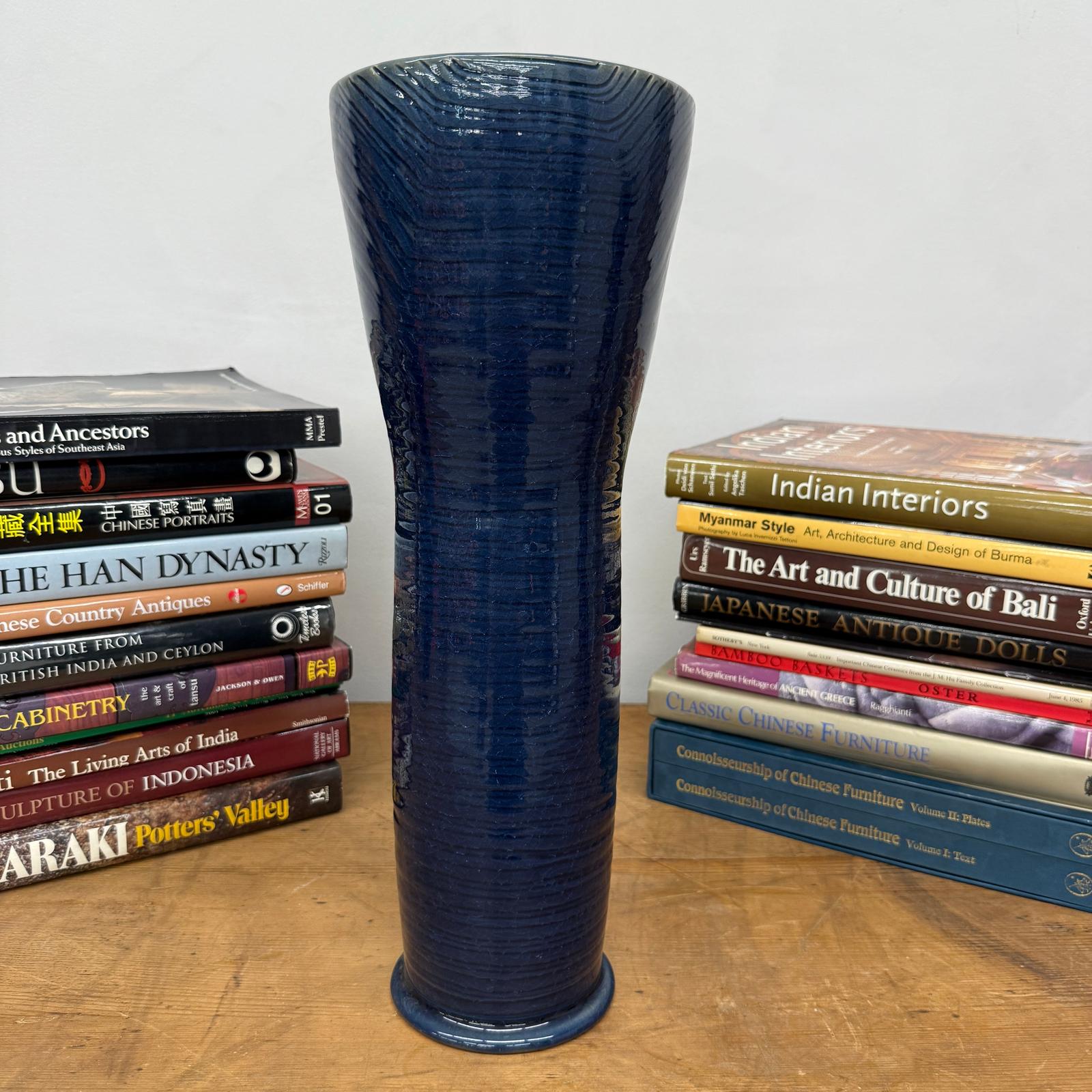 Tall Deep Blue Glazed Ceramic Vase with Wide Mouth, SKU , image 4