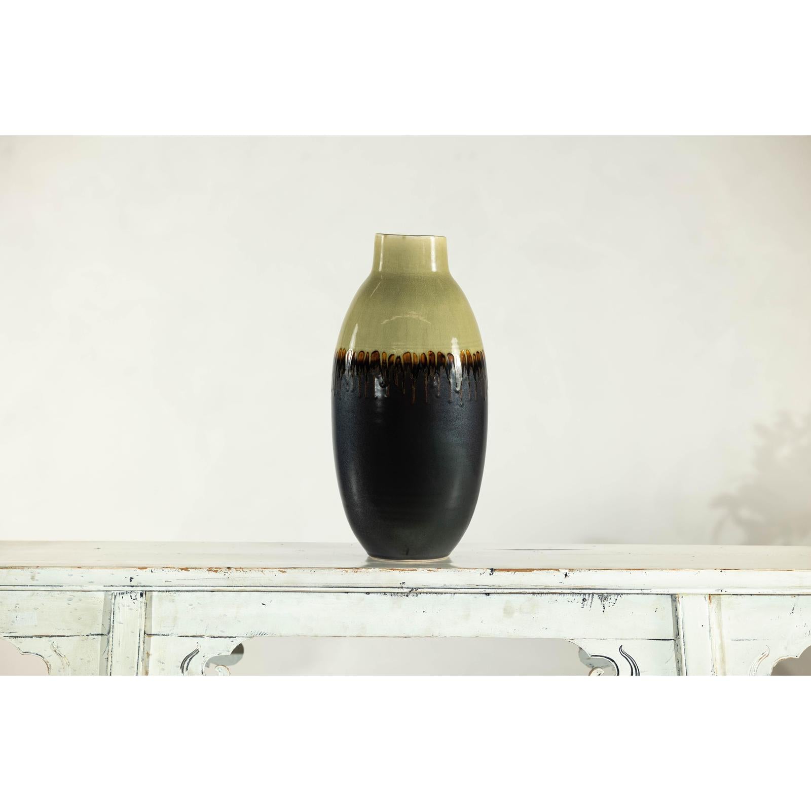 Tall Green and Dark Brown Glazed Ceramic Vase with Drip Design-12. Asian &amp; Chinese Furniture, Art, Antiques, Vintage Home Décor for sale at FEA Home