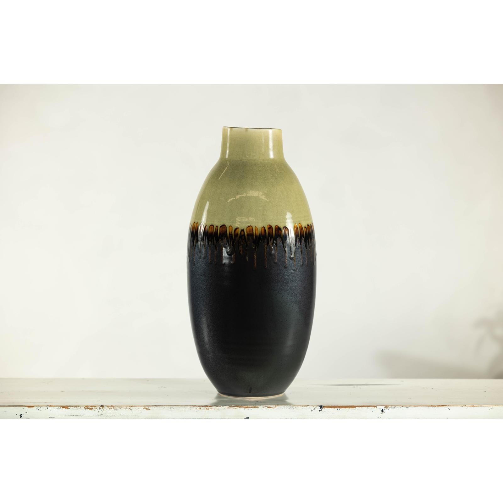 Tall Green and Dark Brown Glazed Ceramic Vase with Drip Design-13. Asian &amp; Chinese Furniture, Art, Antiques, Vintage Home Décor for sale at FEA Home
