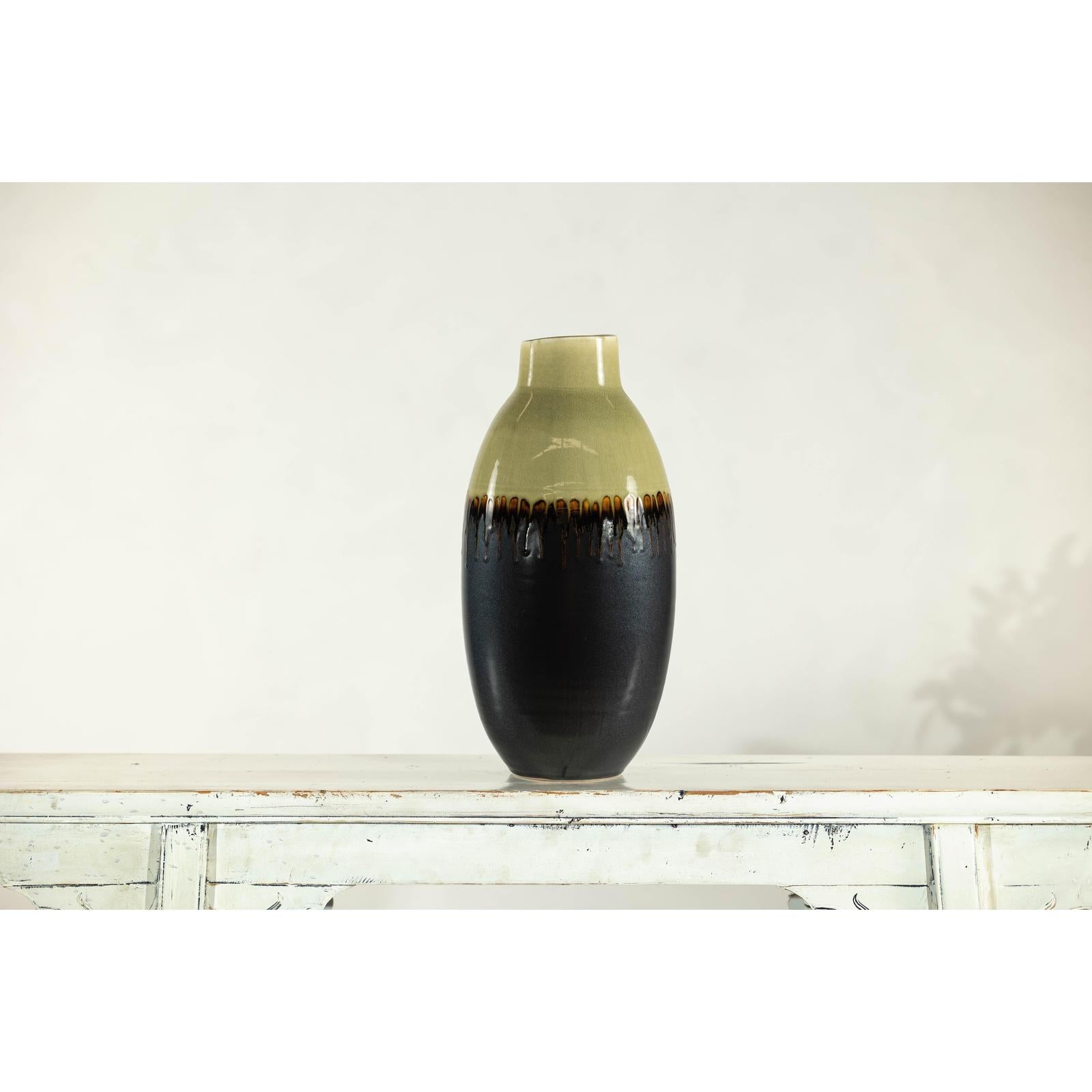 Tall Green and Dark Brown Glazed Ceramic Vase with Drip Design-14. Asian &amp; Chinese Furniture, Art, Antiques, Vintage Home Décor for sale at FEA Home