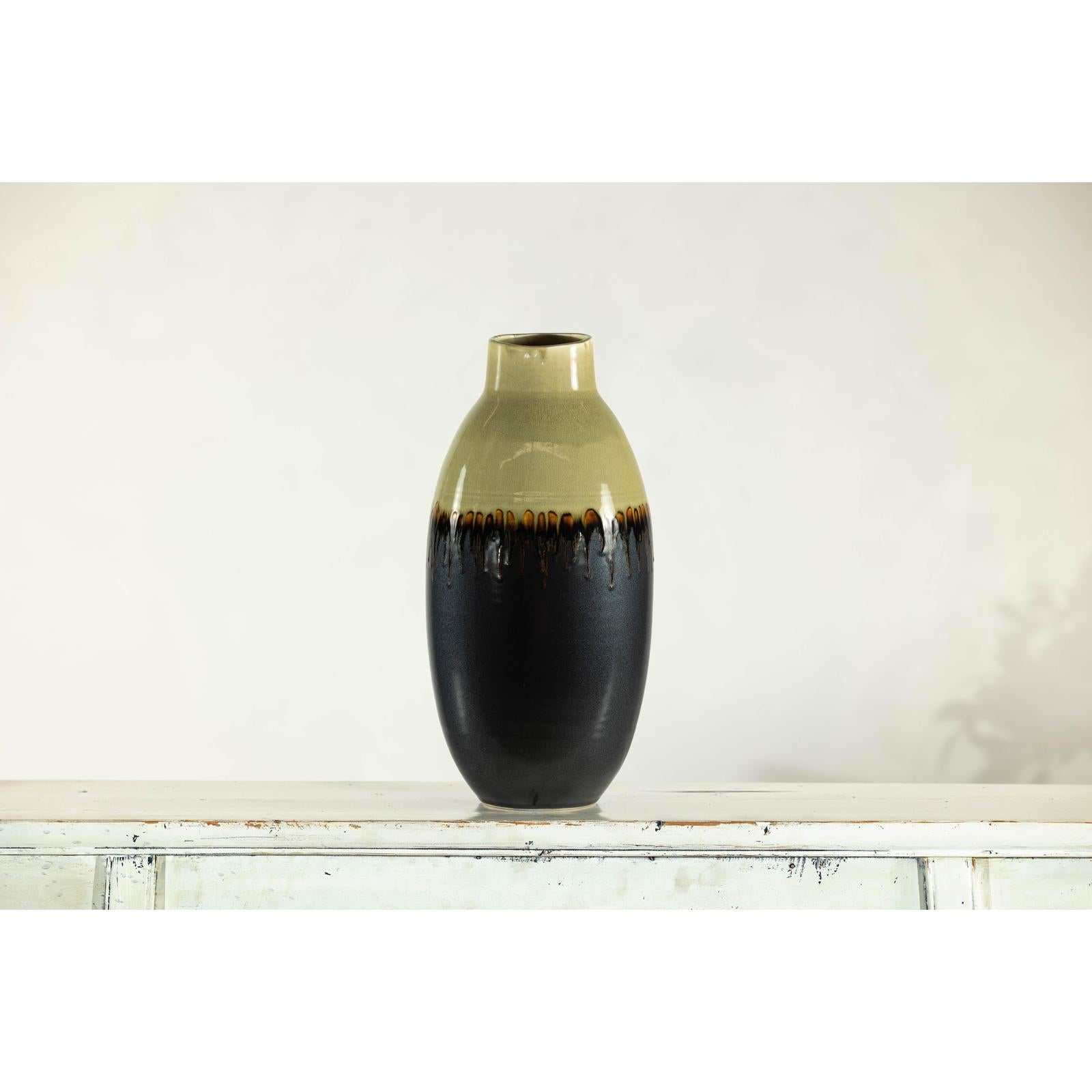 Tall Green and Dark Brown Glazed Ceramic Vase with Drip Design-15. Asian &amp; Chinese Furniture, Art, Antiques, Vintage Home Décor for sale at FEA Home