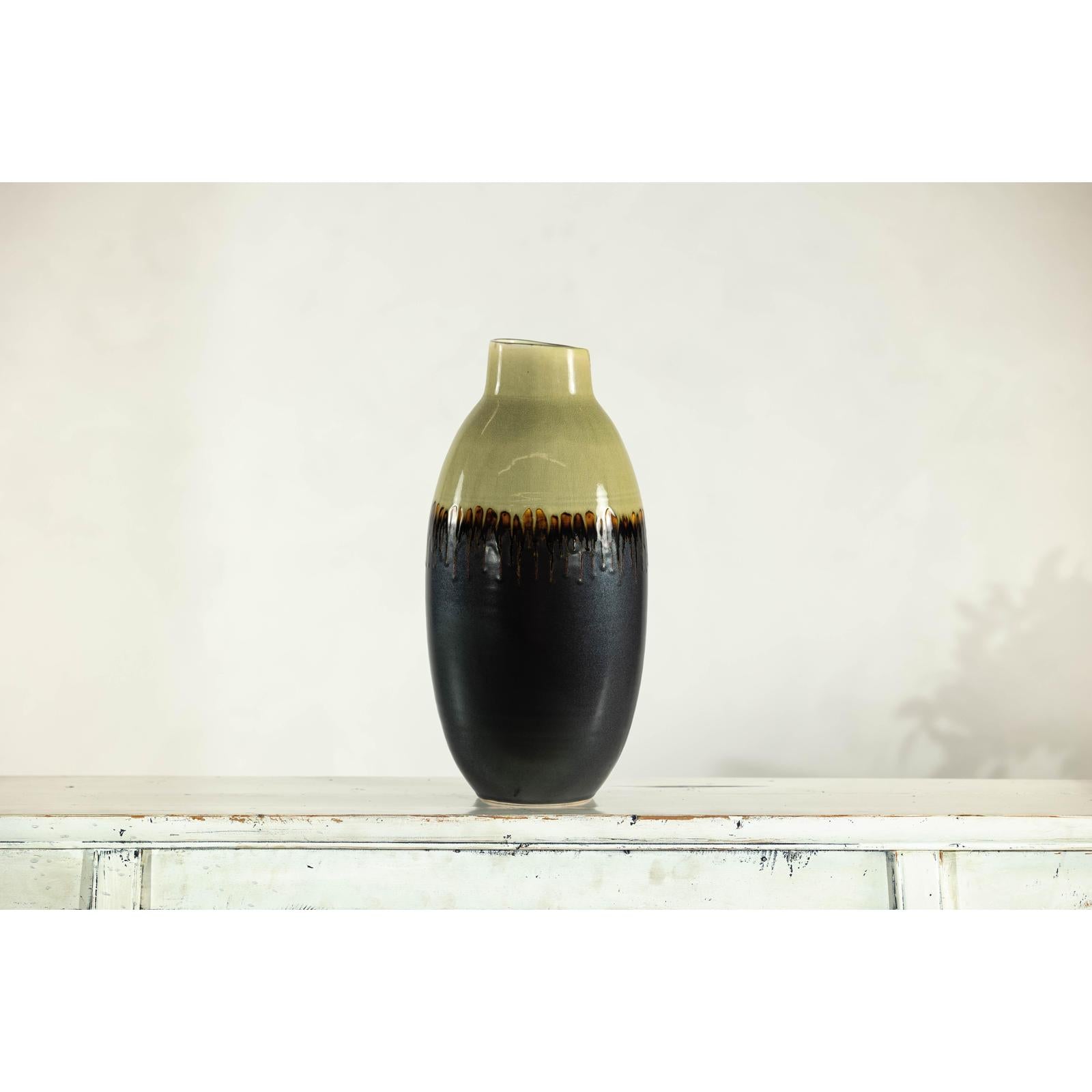 Tall Green and Dark Brown Glazed Ceramic Vase with Drip Design-16. Asian &amp; Chinese Furniture, Art, Antiques, Vintage Home Décor for sale at FEA Home