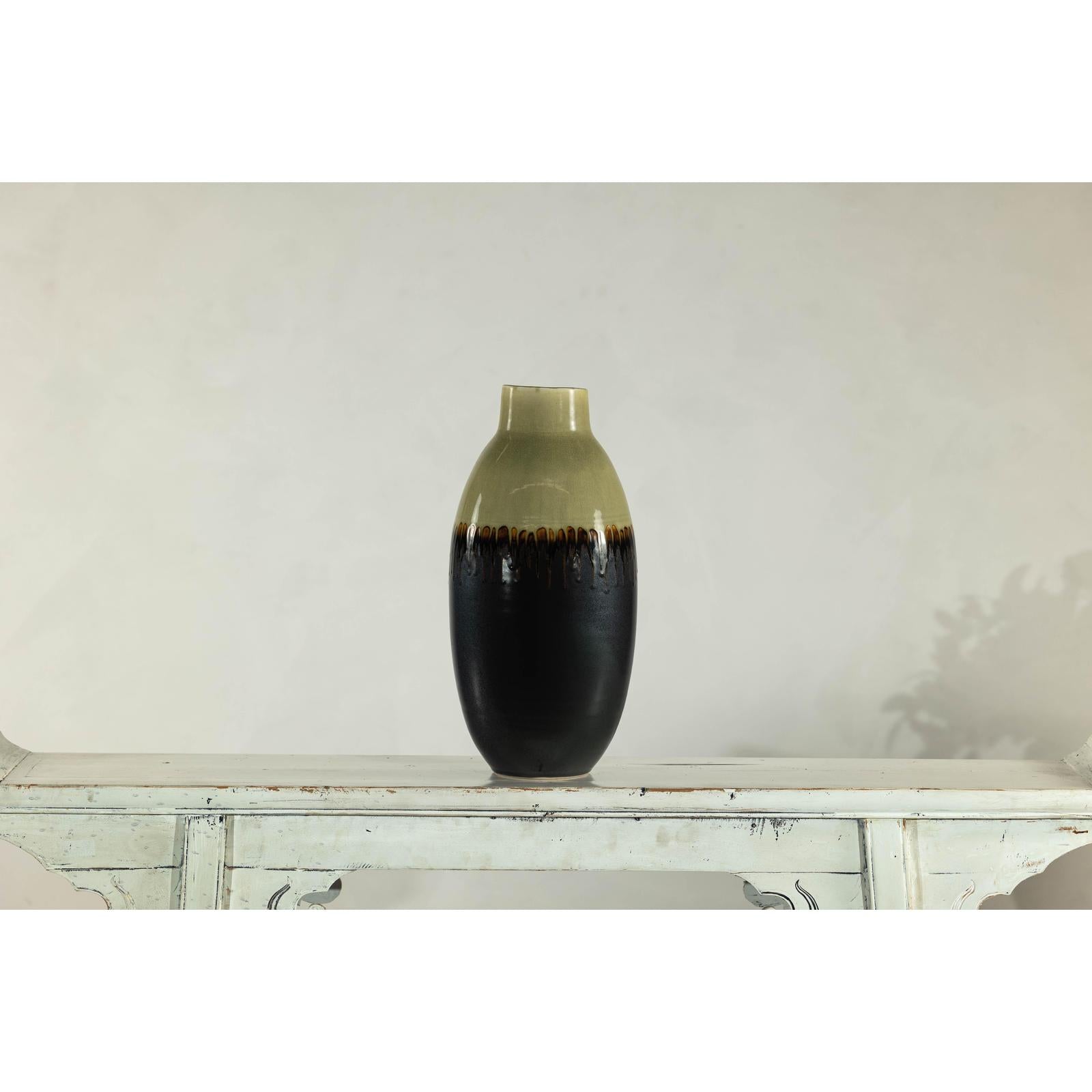 Tall Green and Dark Brown Glazed Ceramic Vase with Drip Design-18. Asian &amp; Chinese Furniture, Art, Antiques, Vintage Home Décor for sale at FEA Home