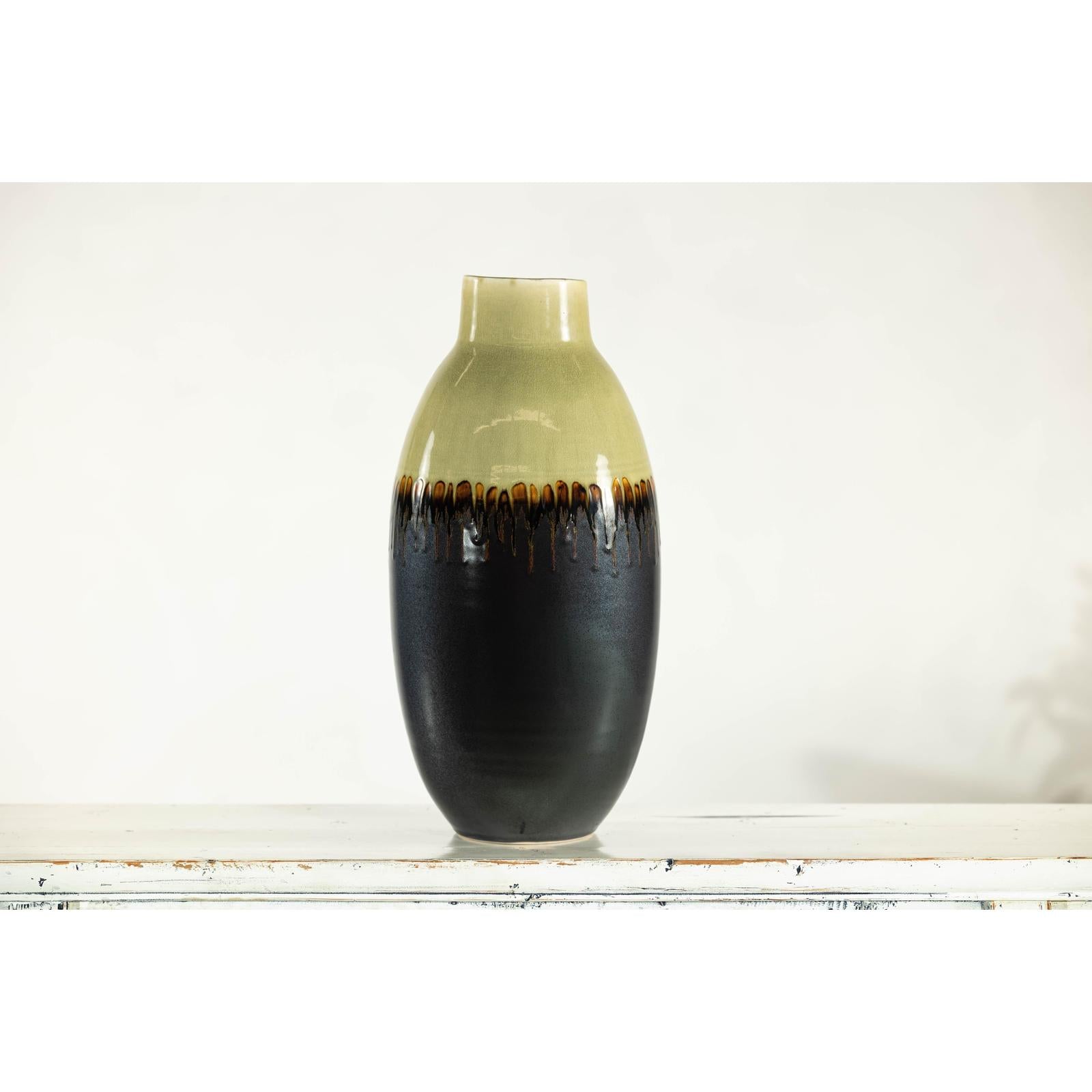 Tall Green and Dark Brown Glazed Ceramic Vase with Drip Design-4. Asian &amp; Chinese Furniture, Art, Antiques, Vintage Home Décor for sale at FEA Home