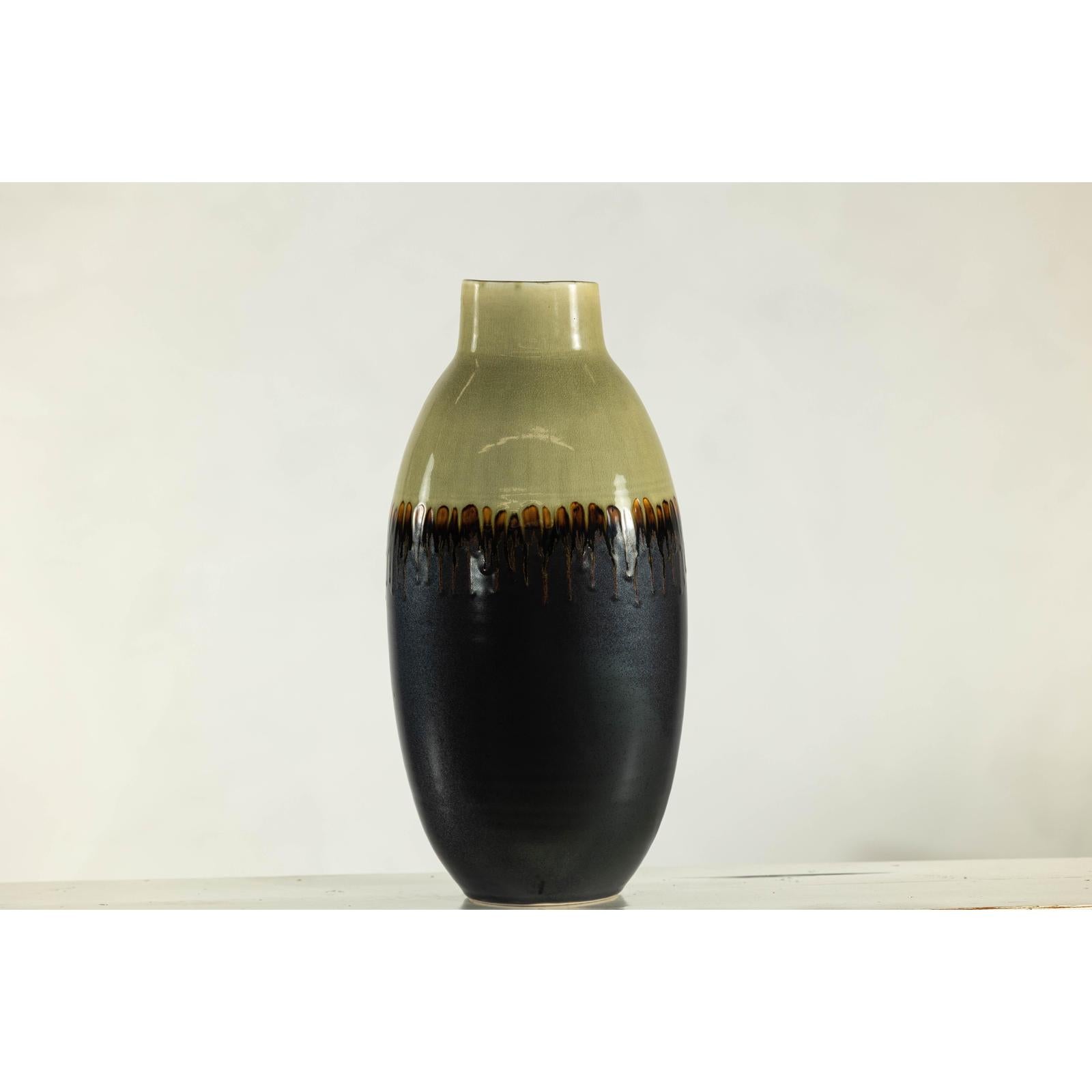 Tall Green and Dark Brown Glazed Ceramic Vase with Drip Design-5. Asian &amp; Chinese Furniture, Art, Antiques, Vintage Home Décor for sale at FEA Home
