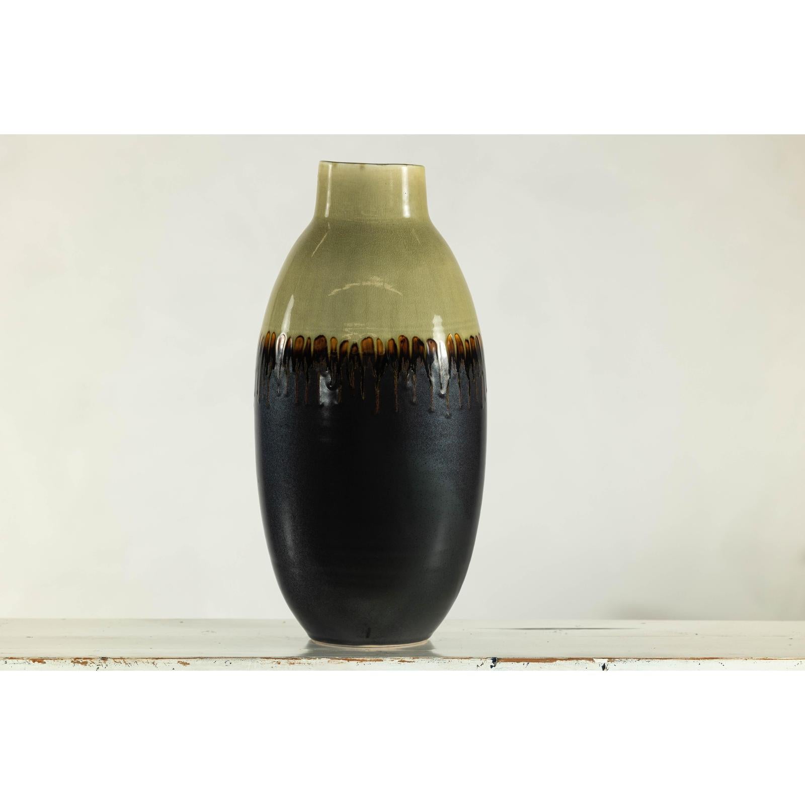 Tall Green and Dark Brown Glazed Ceramic Vase with Drip Design-6. Asian &amp; Chinese Furniture, Art, Antiques, Vintage Home Décor for sale at FEA Home