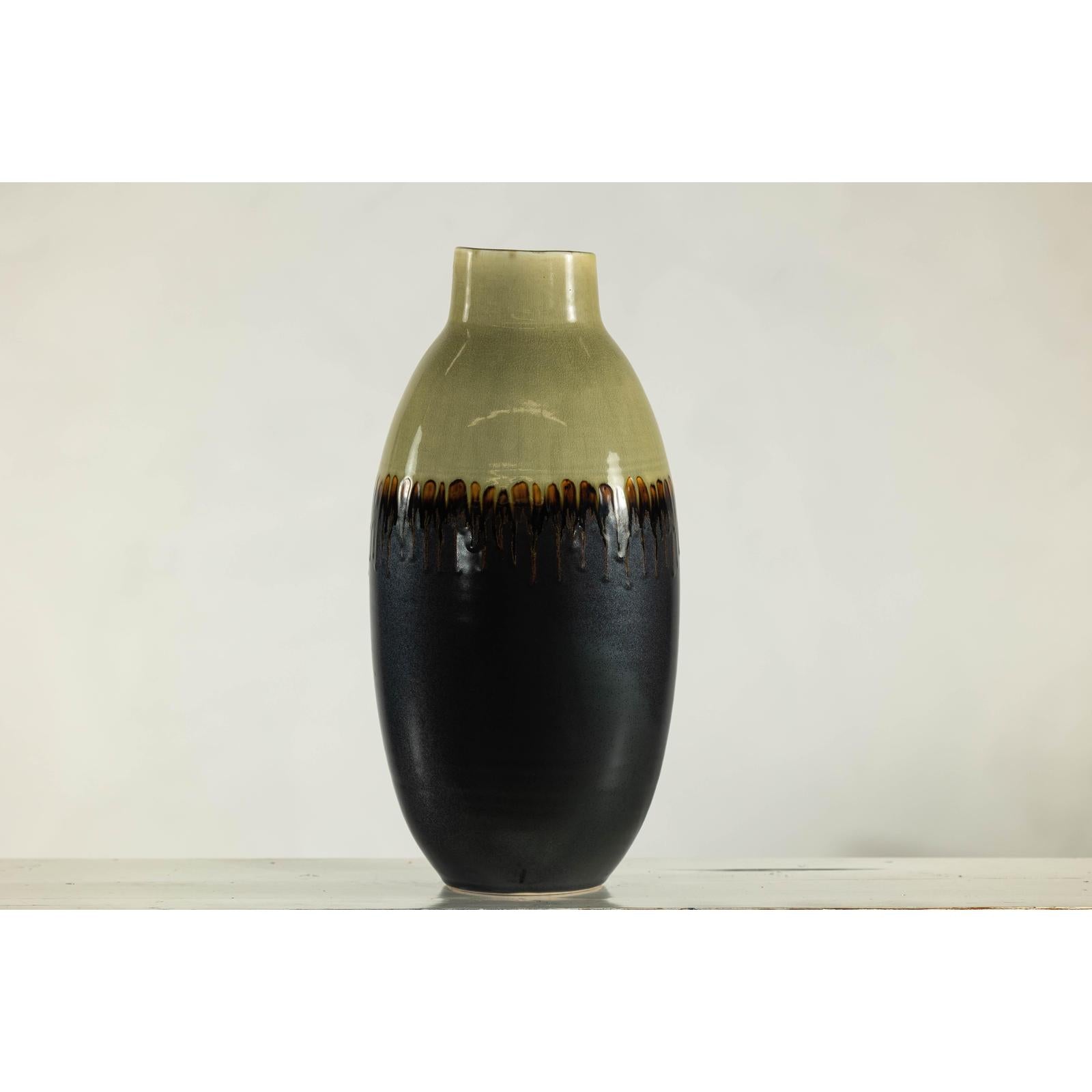 Tall Green and Dark Brown Glazed Ceramic Vase with Drip Design-7. Asian &amp; Chinese Furniture, Art, Antiques, Vintage Home Décor for sale at FEA Home
