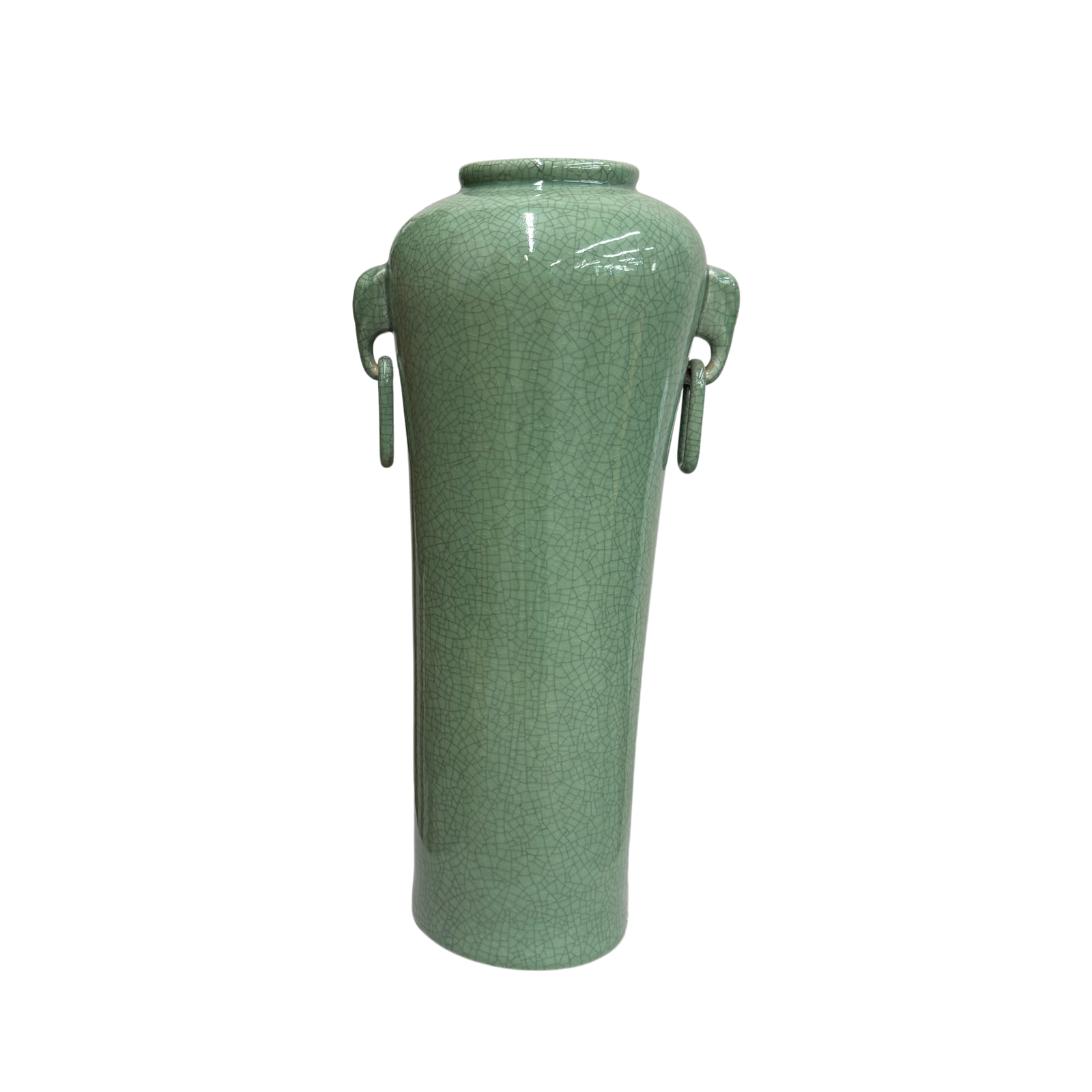 Tall Green Crackle Glazed Ceramic Vase with Elephant Handles - FEA Home