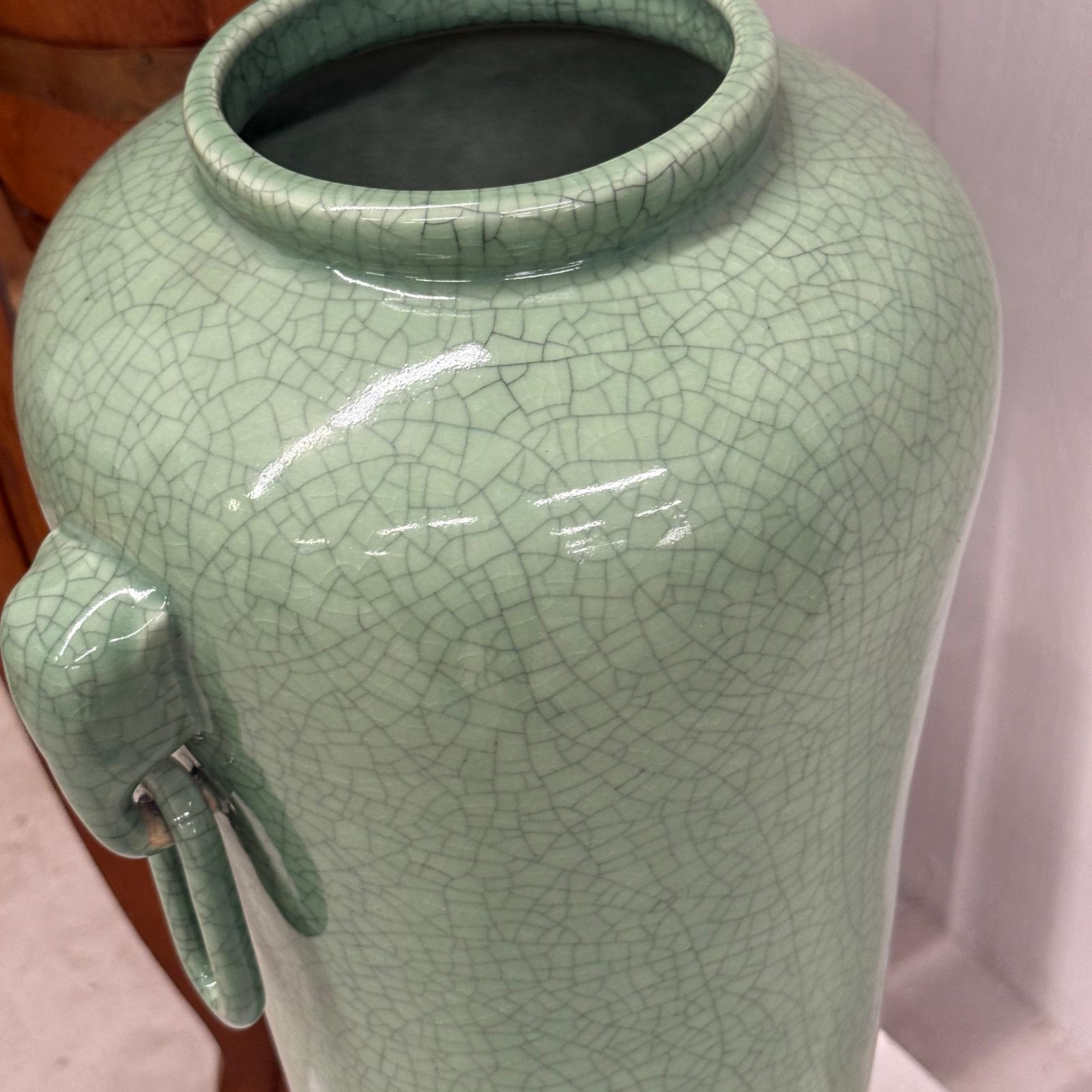 Tall Green Crackle Glazed Ceramic Vase with Elephant Handles - FEA Home
