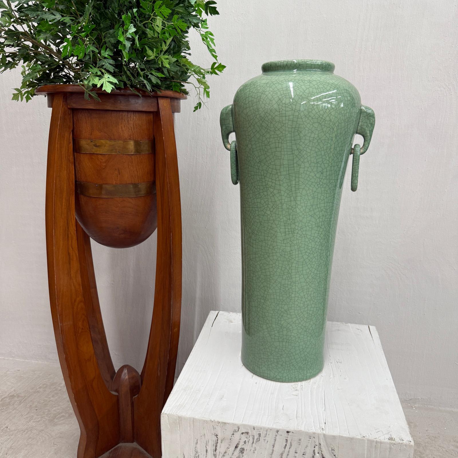 Tall Green Crackle Glazed Ceramic Vase with Elephant Handles - FEA Home