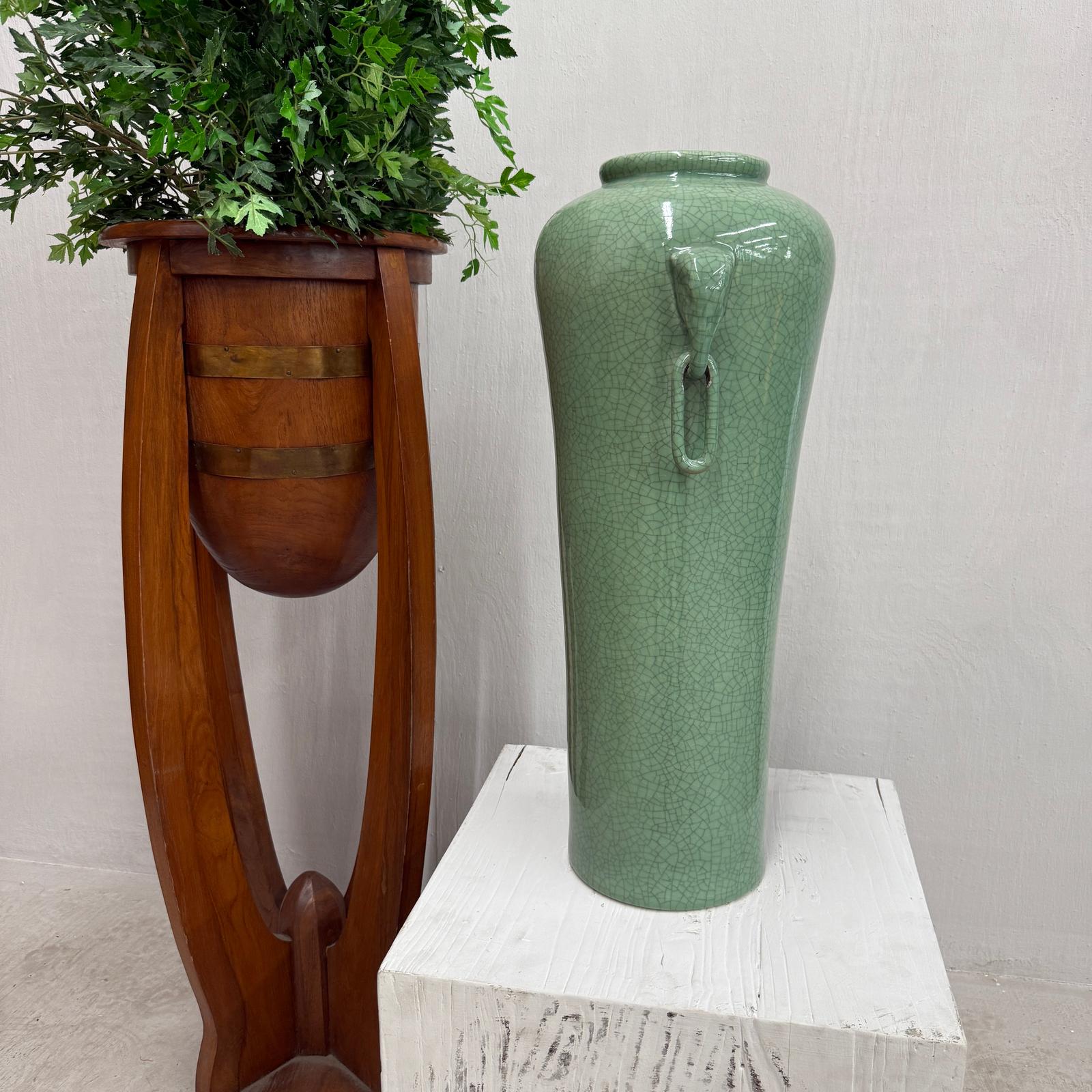 Tall Green Crackle Glazed Ceramic Vase with Elephant Handles - FEA Home