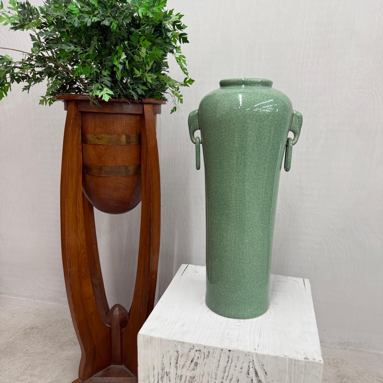 Tall Green Crackle Glazed Ceramic Vase with Elephant Handles - FEA Home