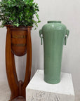 Tall Green Crackle Glazed Ceramic Vase with Elephant Handles - FEA Home