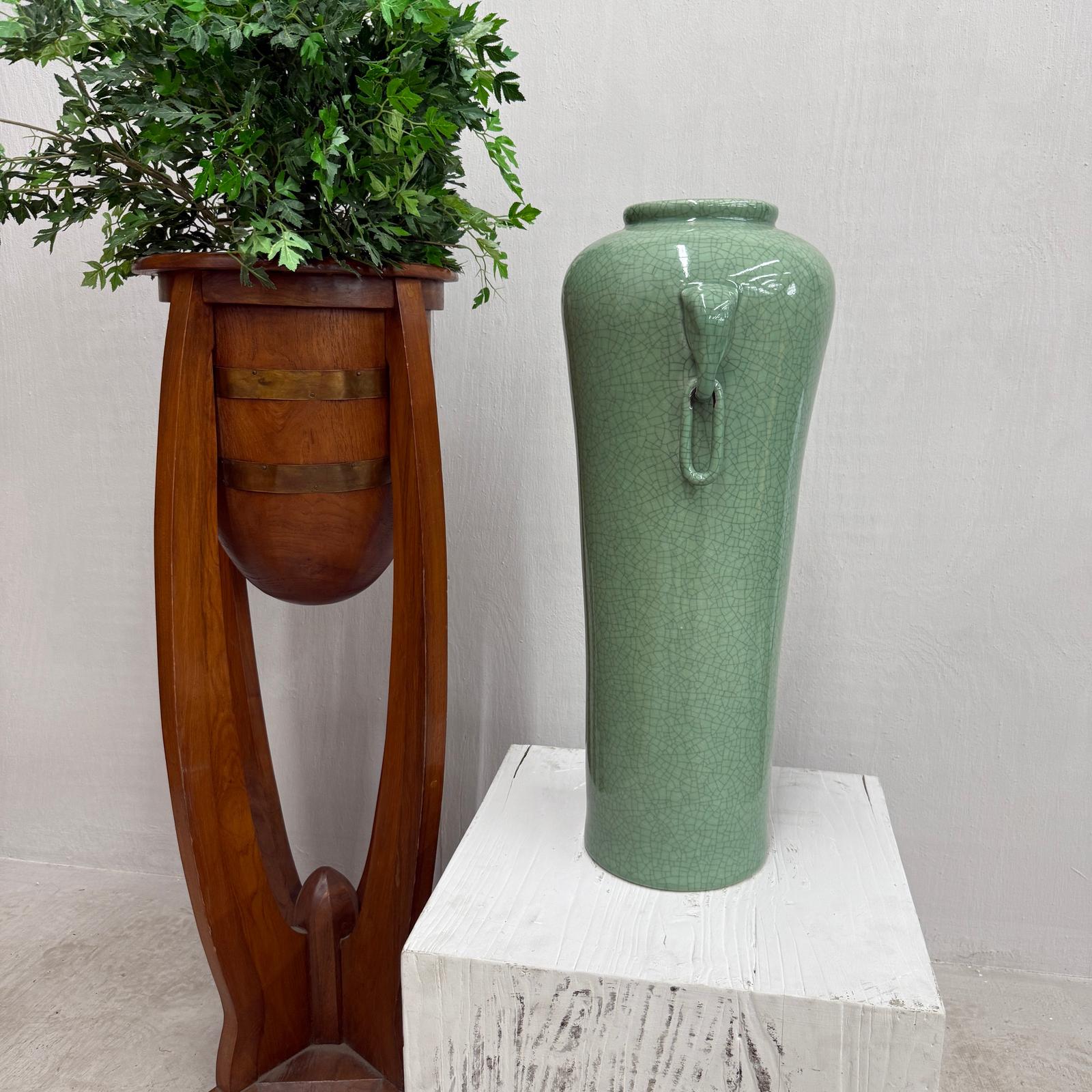 Tall Green Crackle Glazed Ceramic Vase with Elephant Handles - FEA Home