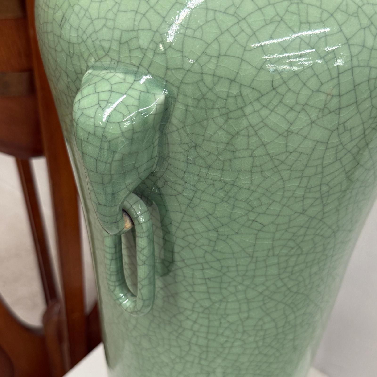 Tall Green Crackle Glazed Ceramic Vase with Elephant Handles - FEA Home