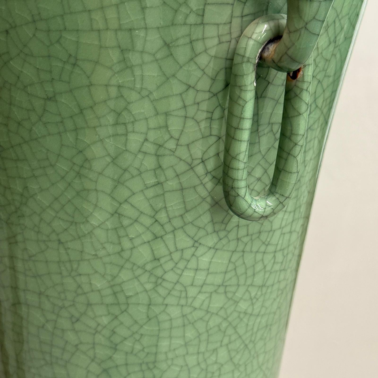 Tall Green Crackle Glazed Ceramic Vase with Elephant Handles - FEA Home