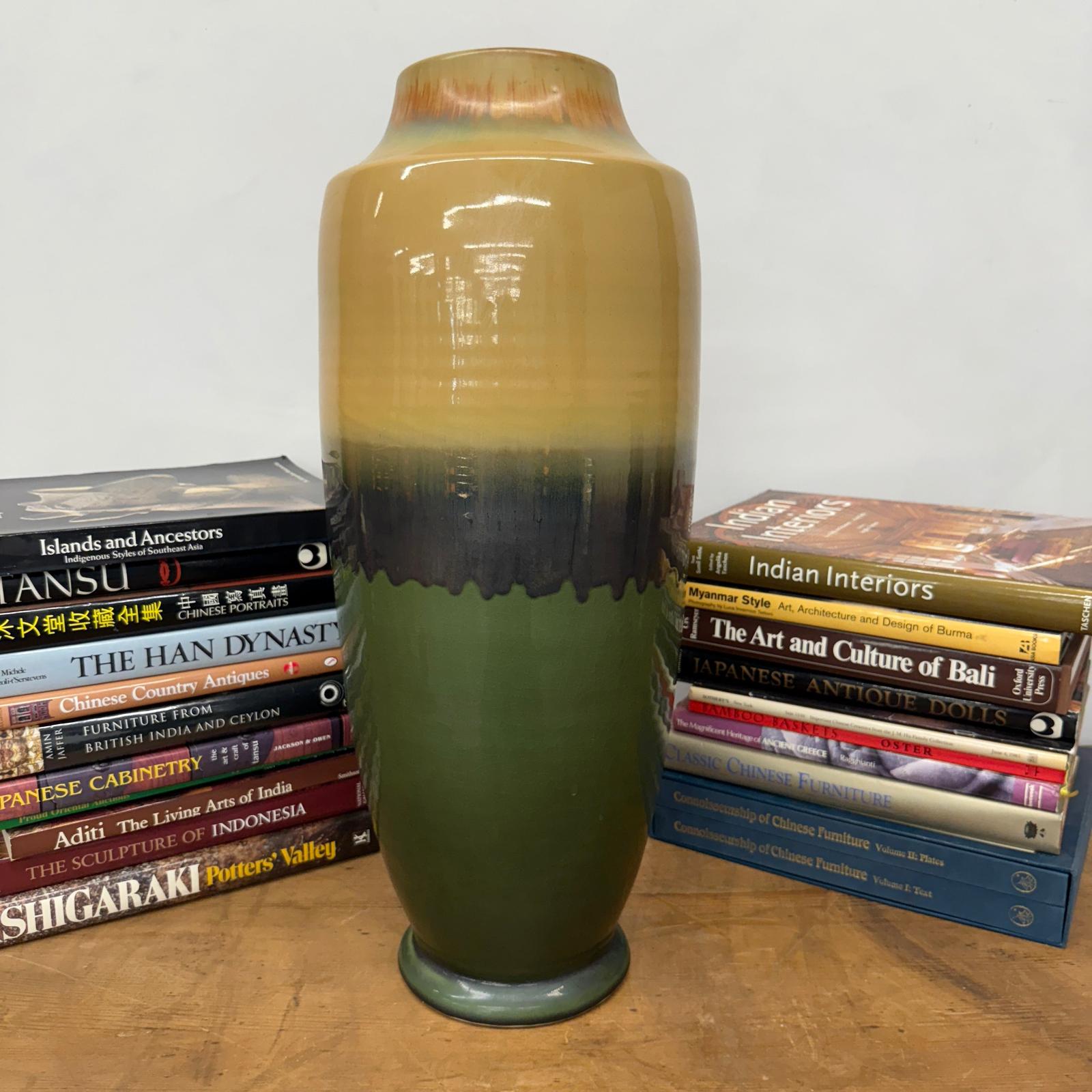 Tall Green Vase with Mustard Top and Charcoal Glaze Band, SKU , image 2