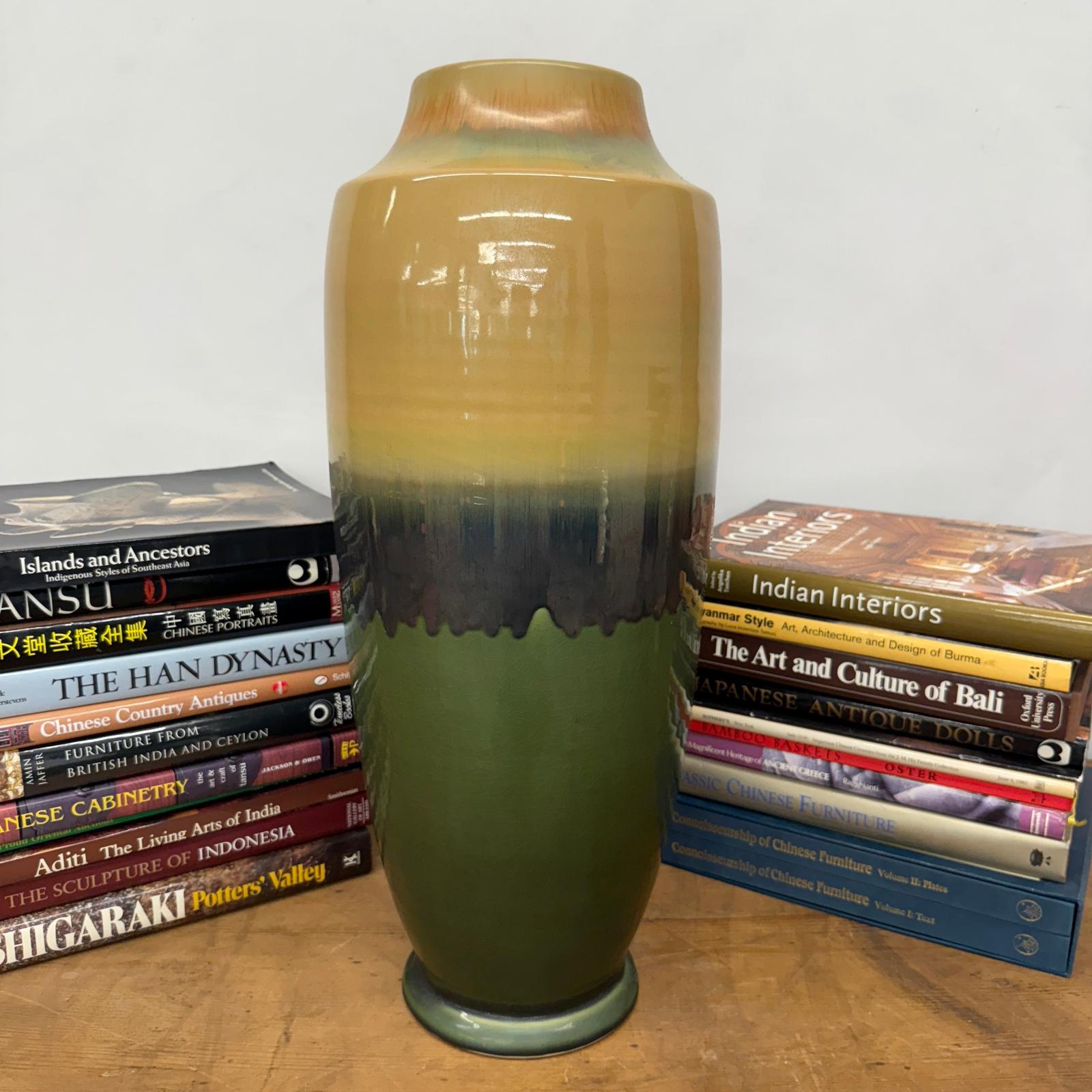 Tall Green Vase with Mustard Top and Charcoal Glaze Band, SKU , image 4