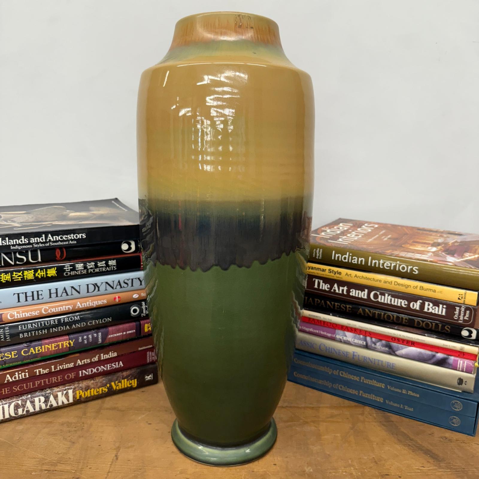 Tall Green Vase with Mustard Top and Charcoal Glaze Band, SKU , image 5