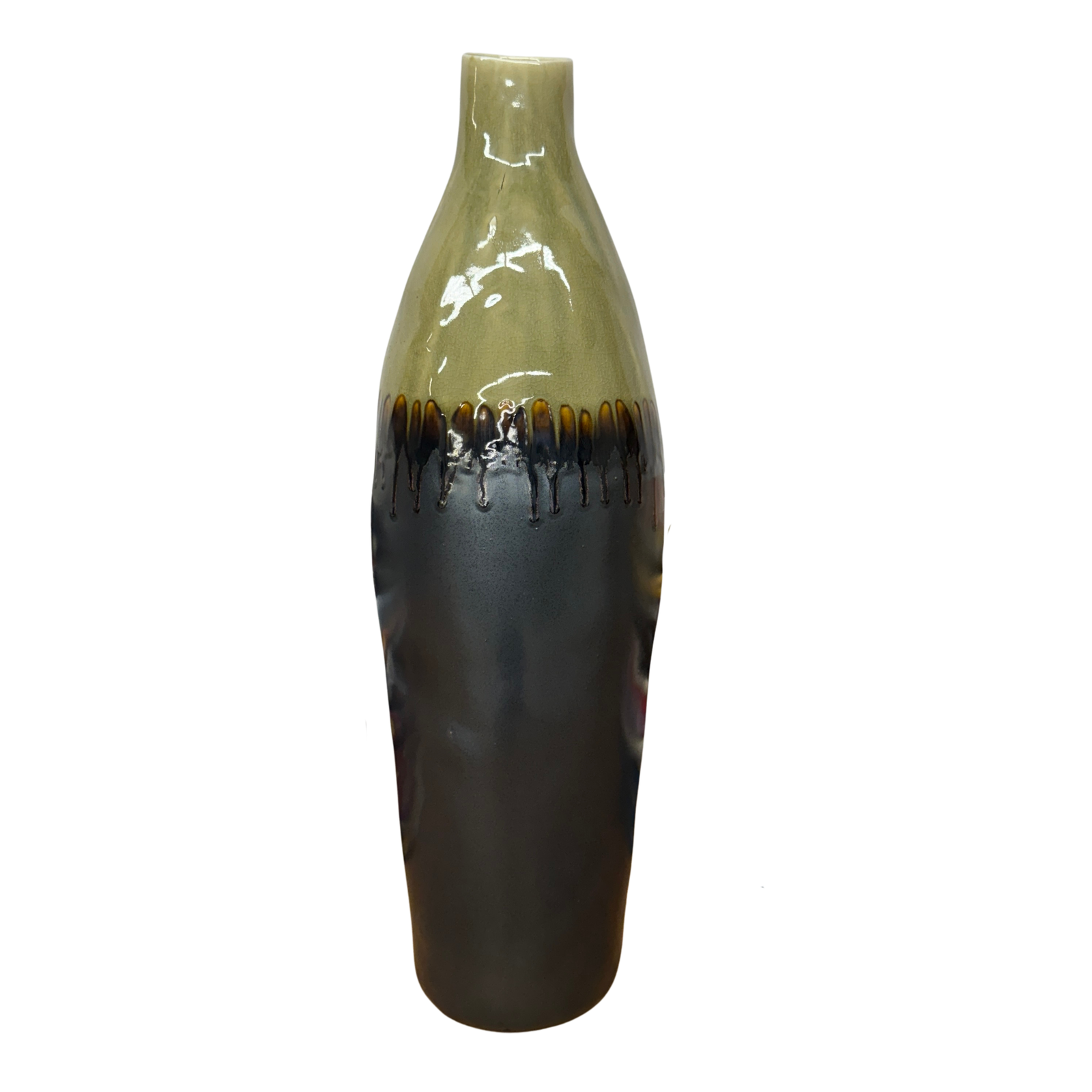 Tall Olive &amp; Charcoal Ceramic Vase with Amber Drip Glaze, SKU , image 1