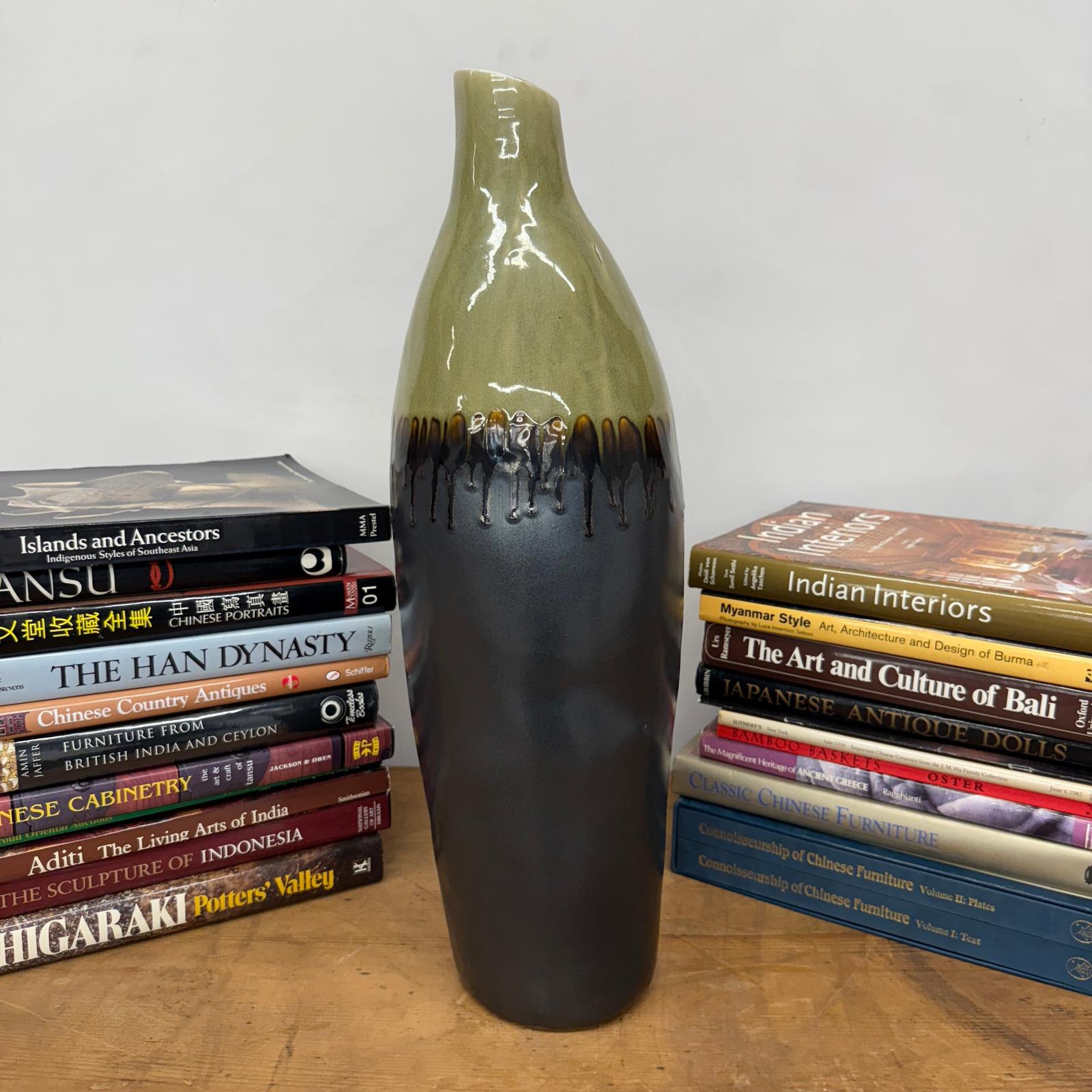 Tall Olive &amp; Charcoal Ceramic Vase with Amber Drip Glaze, SKU , image 2
