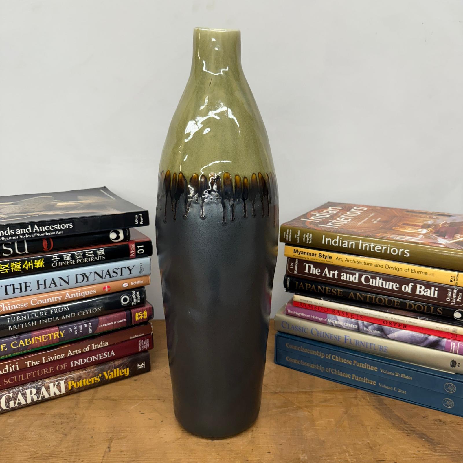 Tall Olive &amp; Charcoal Ceramic Vase with Amber Drip Glaze, SKU , image 3