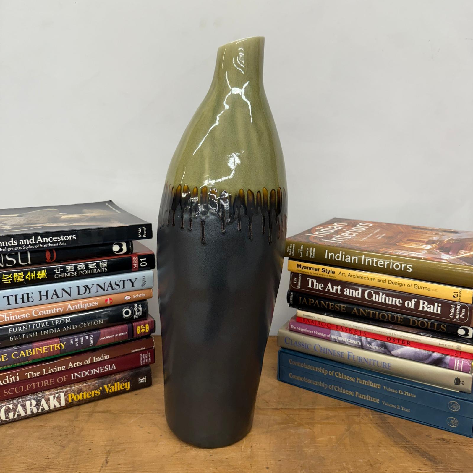 Tall Olive &amp; Charcoal Ceramic Vase with Amber Drip Glaze, SKU , image 4