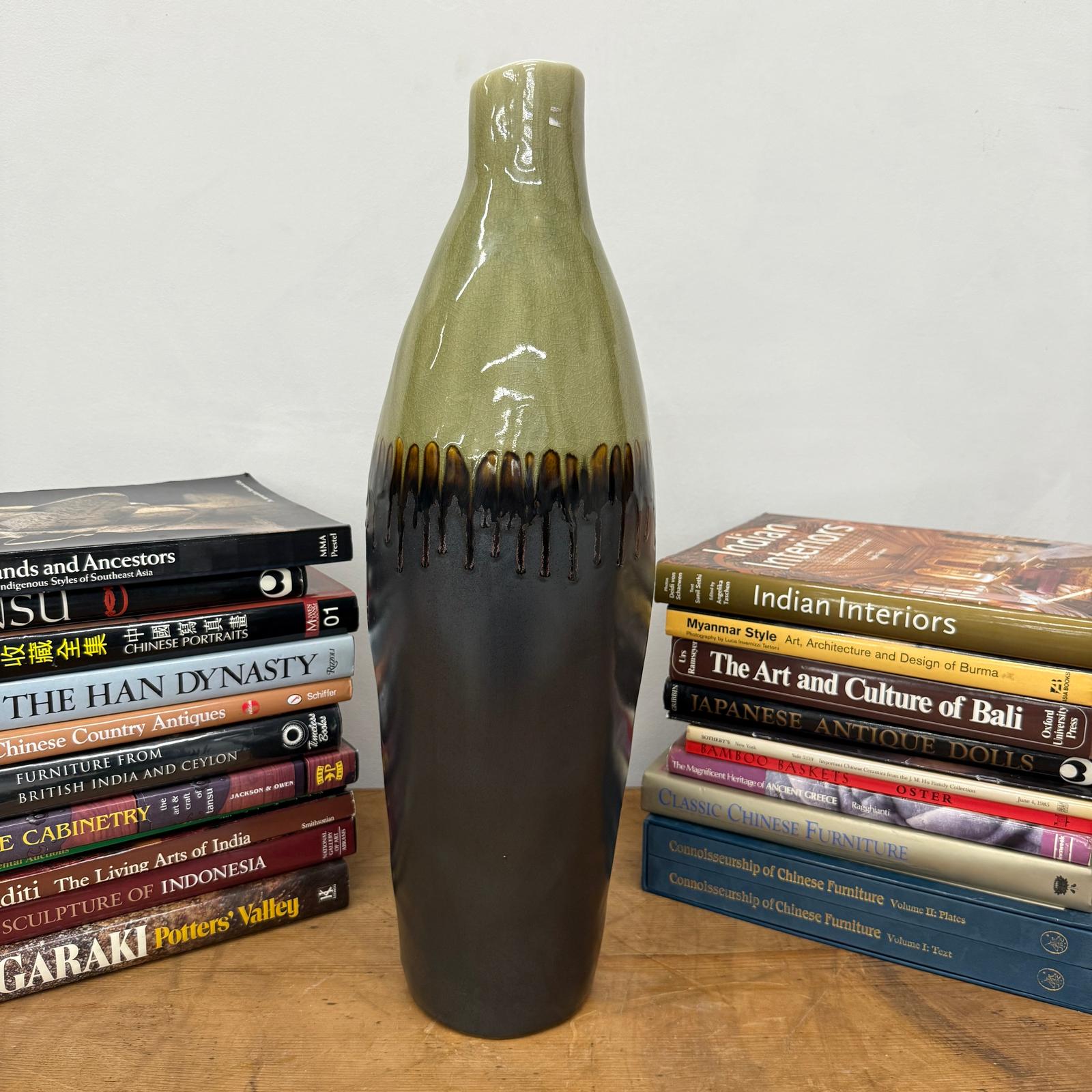 Tall Olive &amp; Charcoal Ceramic Vase with Amber Drip Glaze, SKU , image 5