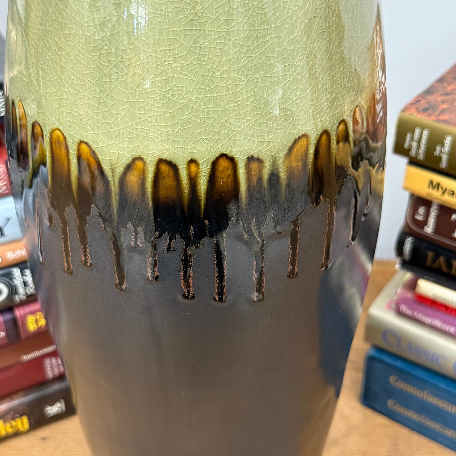 Tall Olive &amp; Charcoal Ceramic Vase with Amber Drip Glaze, SKU , image 6