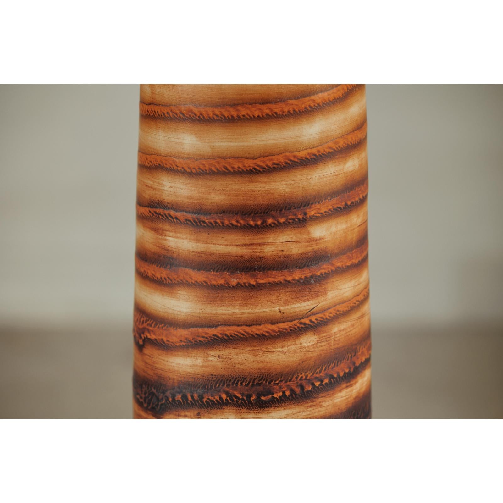Tall Orange-Brown Artisan Ceramic Vase with Swirl Design