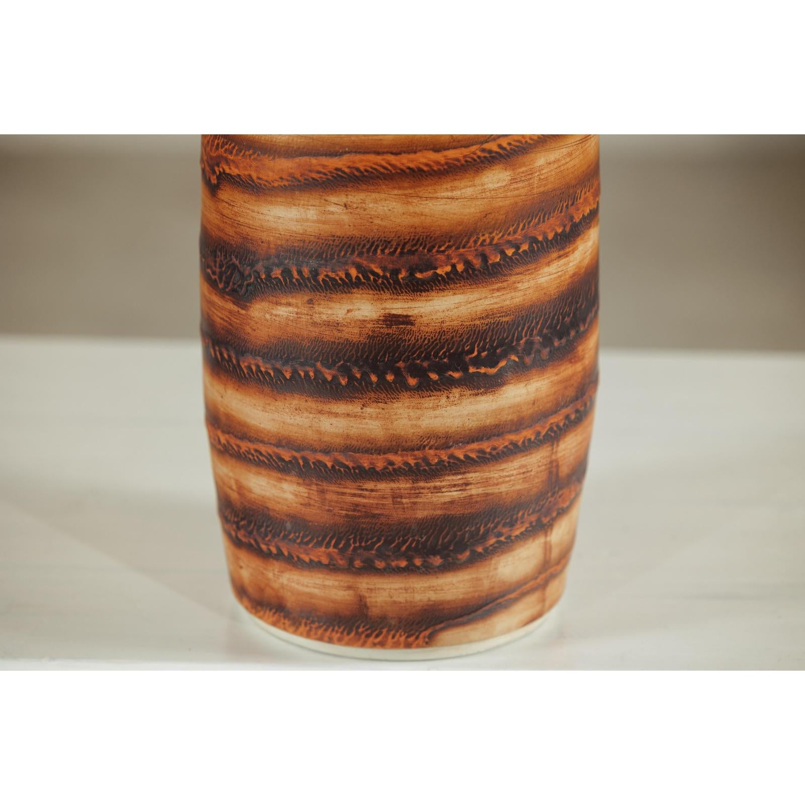 Tall Orange-Brown Artisan Ceramic Vase with Swirl Design