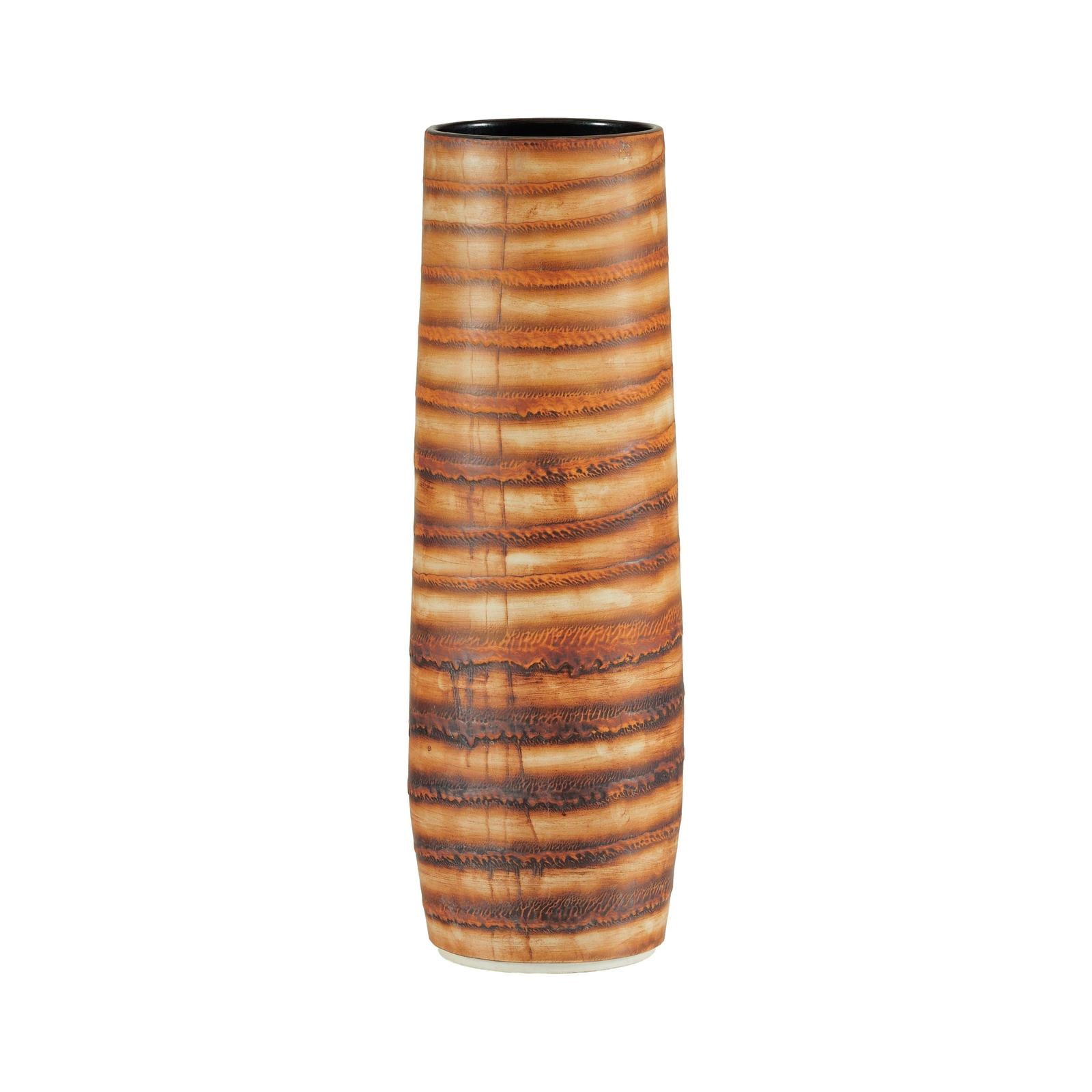 Tall Orange-Brown Artisan Ceramic Vase with Swirl Design