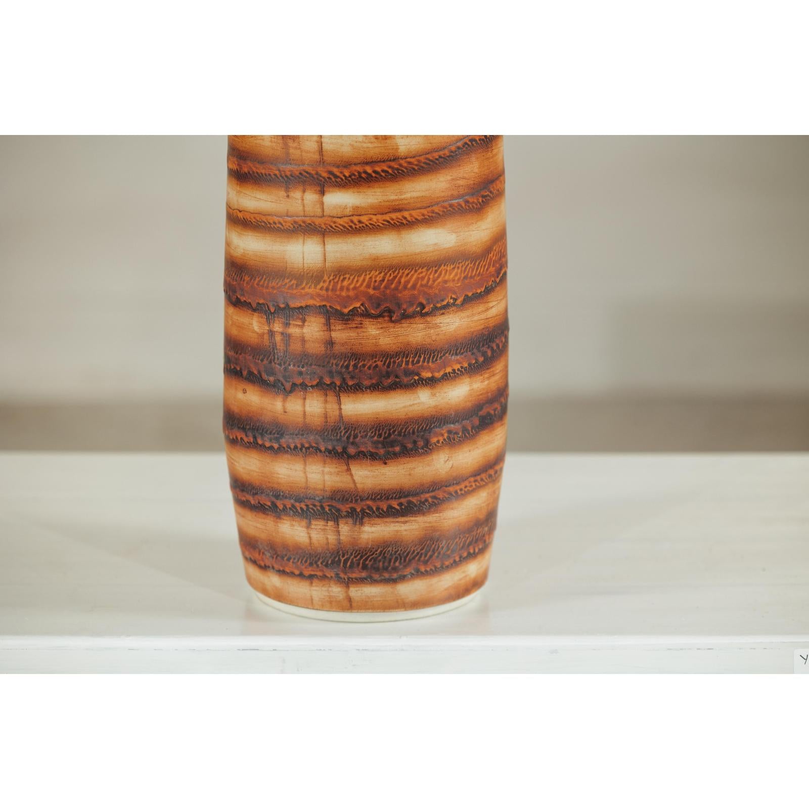 Tall Orange-Brown Artisan Ceramic Vase with Swirl Design