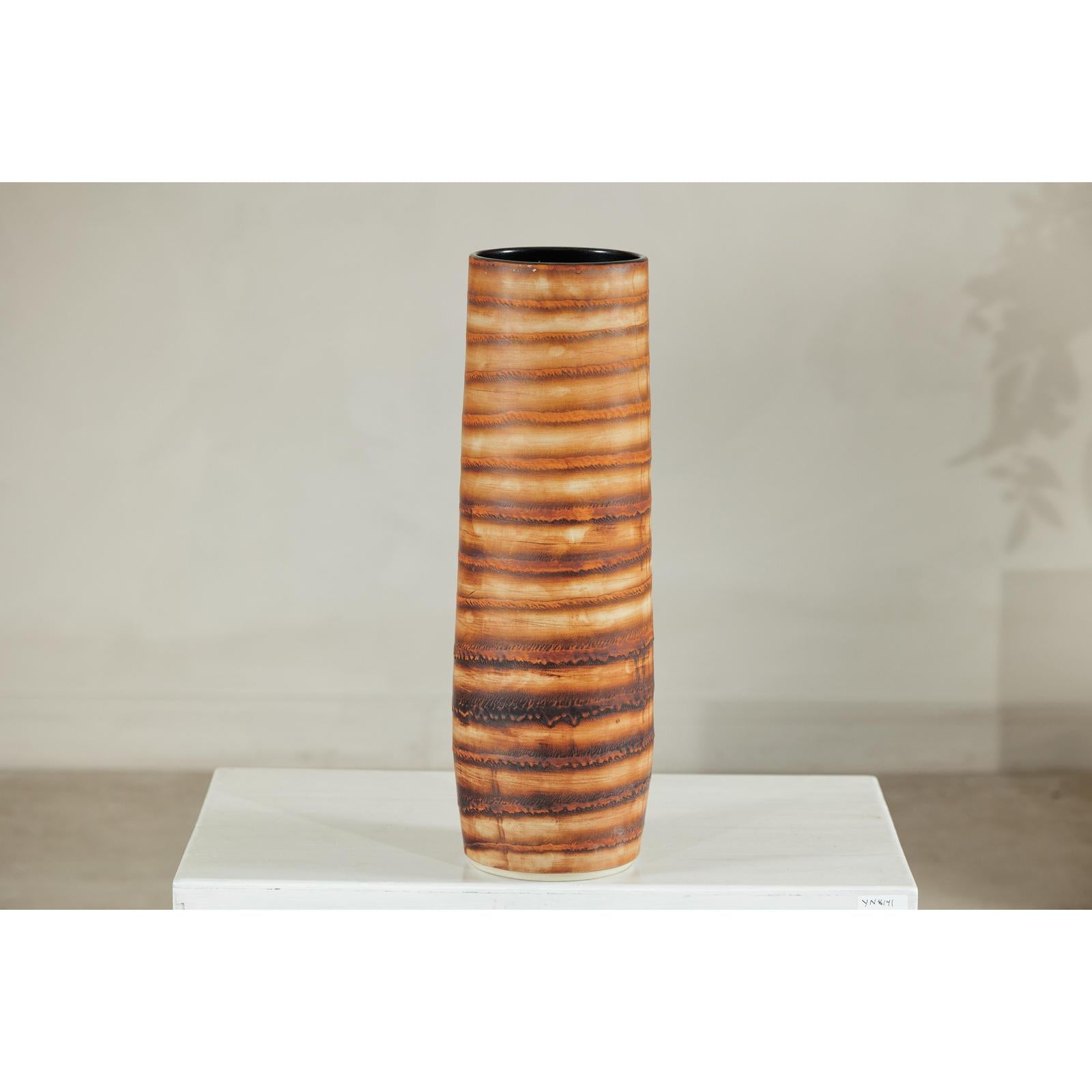 Tall Orange-Brown Artisan Ceramic Vase with Swirl Design