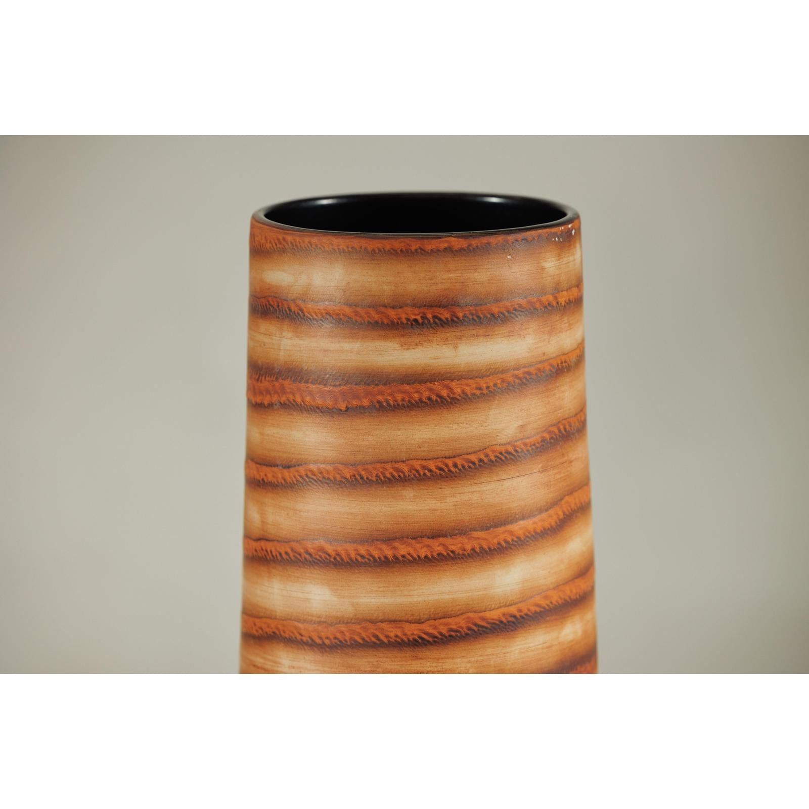 Tall Orange-Brown Artisan Ceramic Vase with Swirl Design