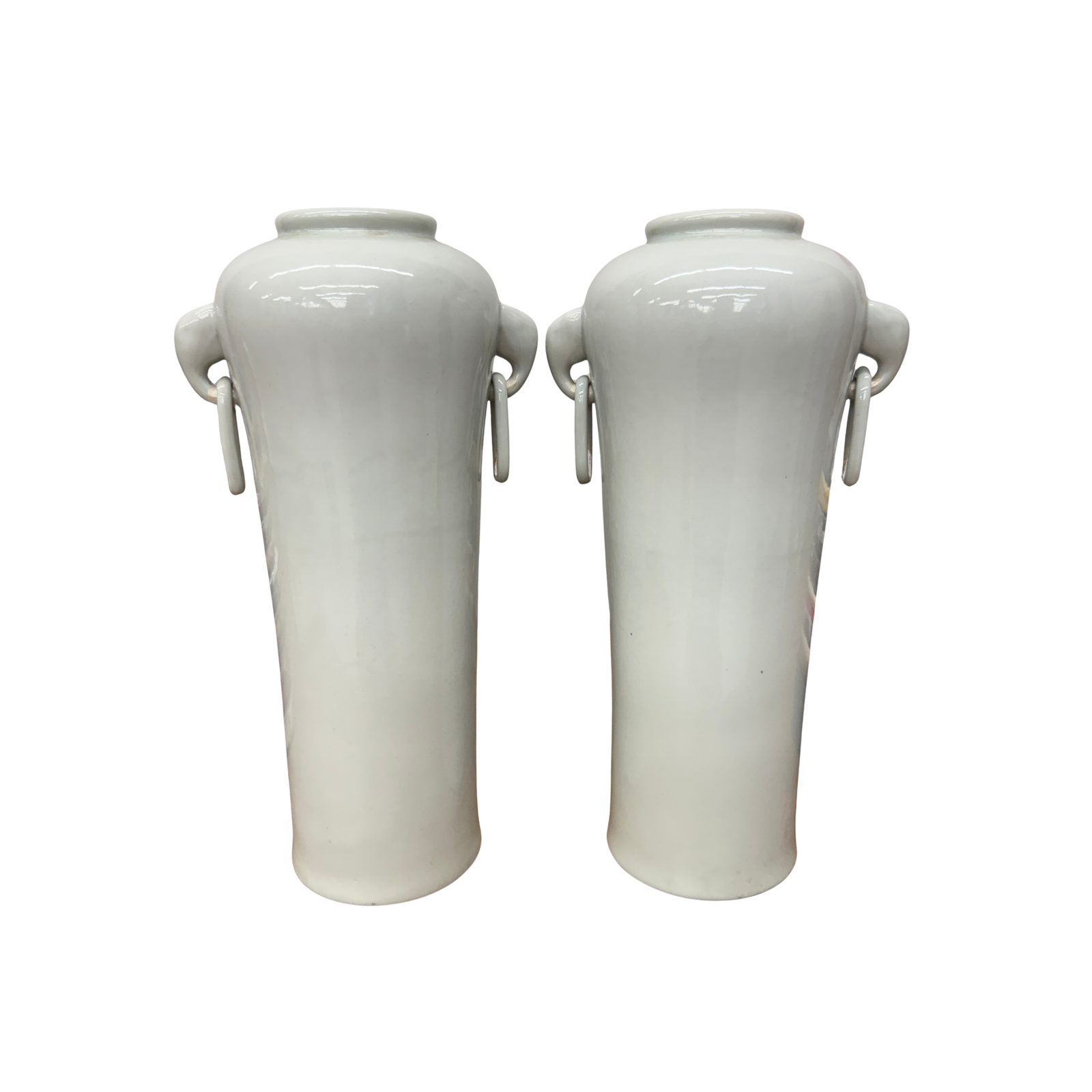 Tall Pair of White Ceramic Vases with Elephant Head Handles - FEA Home