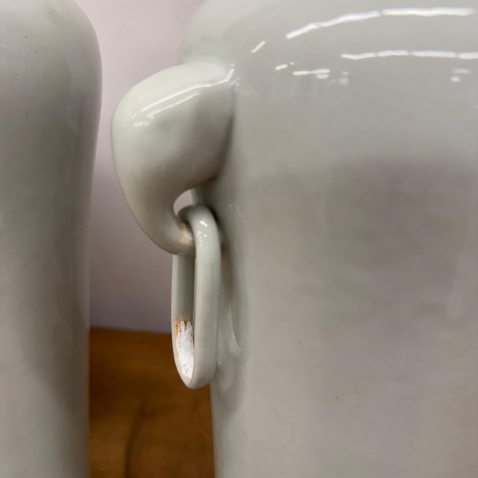 Tall Pair of White Ceramic Vases with Elephant Head Handles - FEA Home