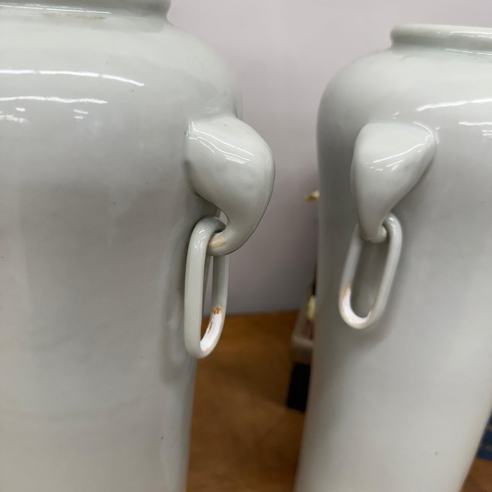 Tall Pair of White Ceramic Vases with Elephant Head Handles - FEA Home