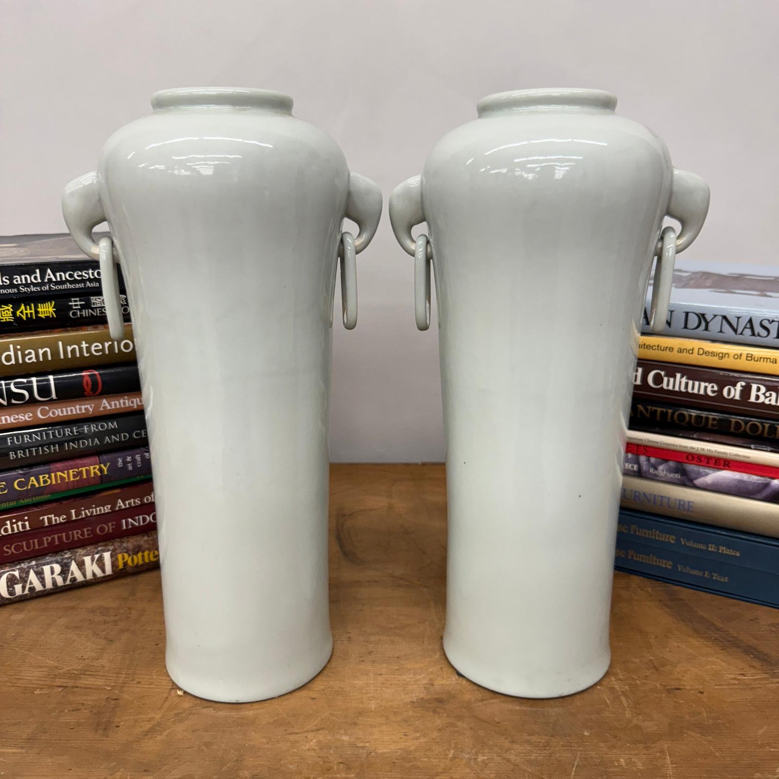Tall Pair of White Ceramic Vases with Elephant Head Handles - FEA Home