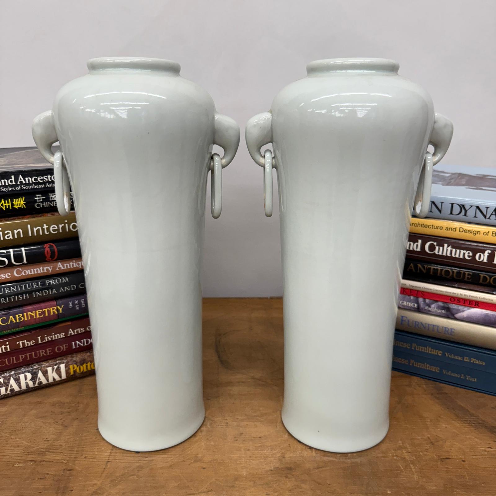 Tall Pair of White Ceramic Vases with Elephant Head Handles - FEA Home