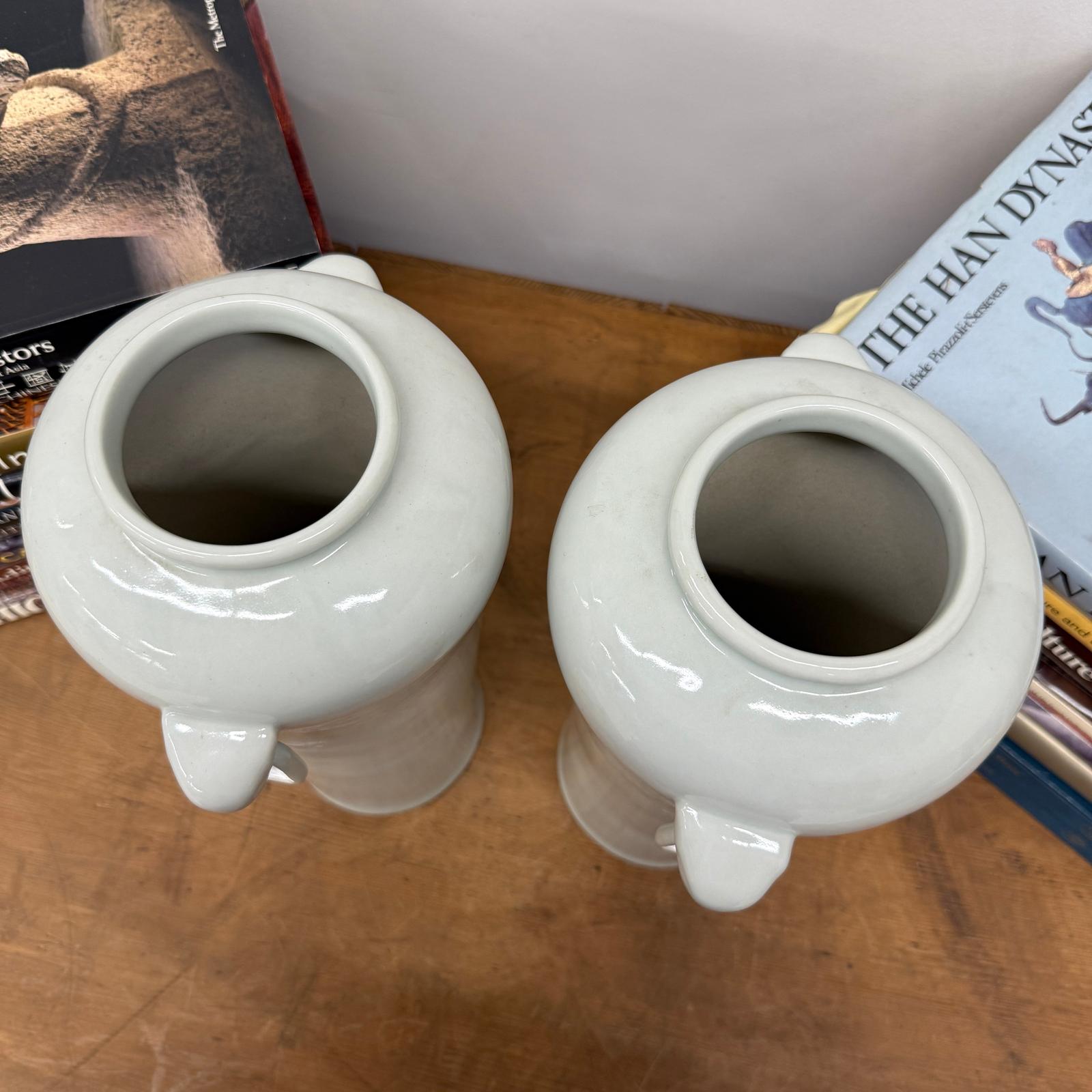 Tall Pair of White Ceramic Vases with Elephant Head Handles - FEA Home
