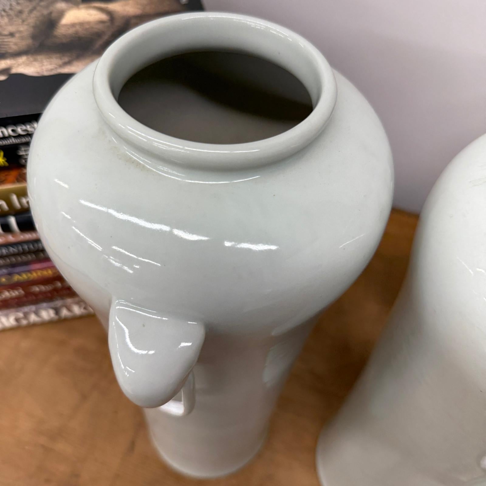 Tall Pair of White Ceramic Vases with Elephant Head Handles - FEA Home