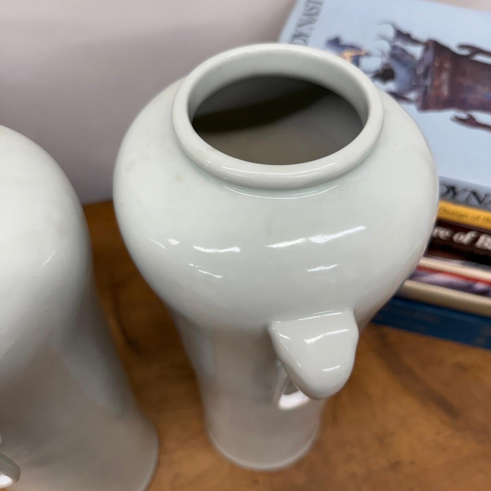 Tall Pair of White Ceramic Vases with Elephant Head Handles - FEA Home