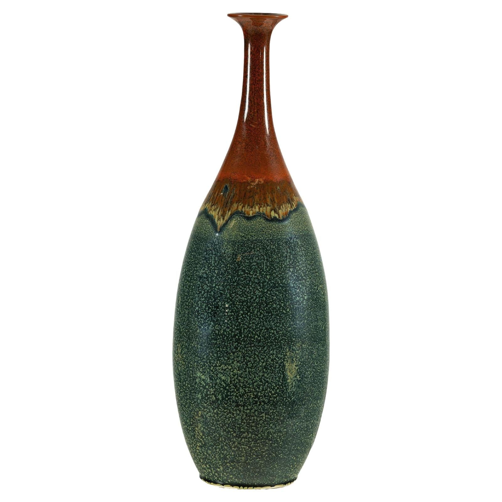 Tall Pottery Vase with Fluted Neck and Drip Glaze in Brown and Green-1. Asian & Chinese Furniture, Art, Antiques, Vintage Home Décor for sale at FEA Home