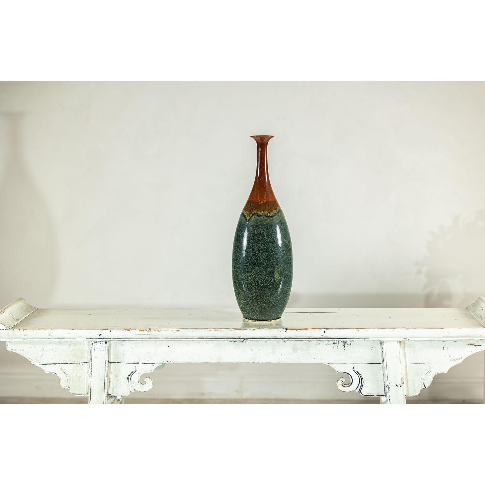Tall Pottery Vase with Fluted Neck and Drip Glaze in Brown and Green-10. Asian &amp; Chinese Furniture, Art, Antiques, Vintage Home Décor for sale at FEA Home